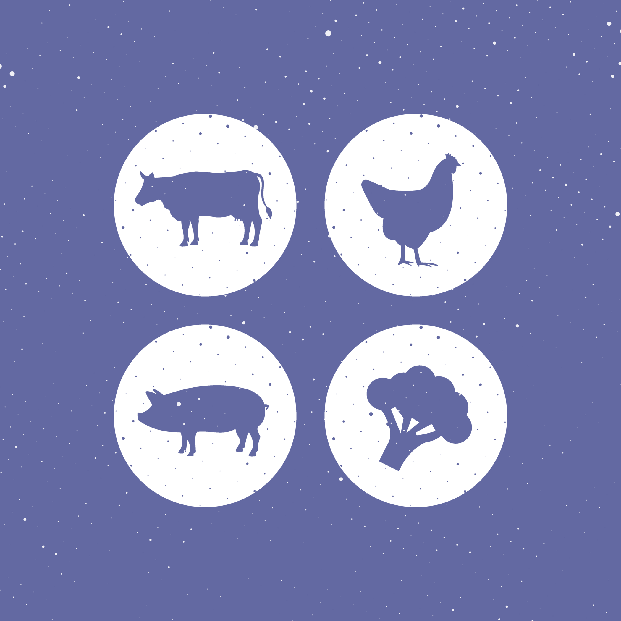 Icons of cow, chicken, pig, and broccoli for hunting, camping, and outdoor food categories