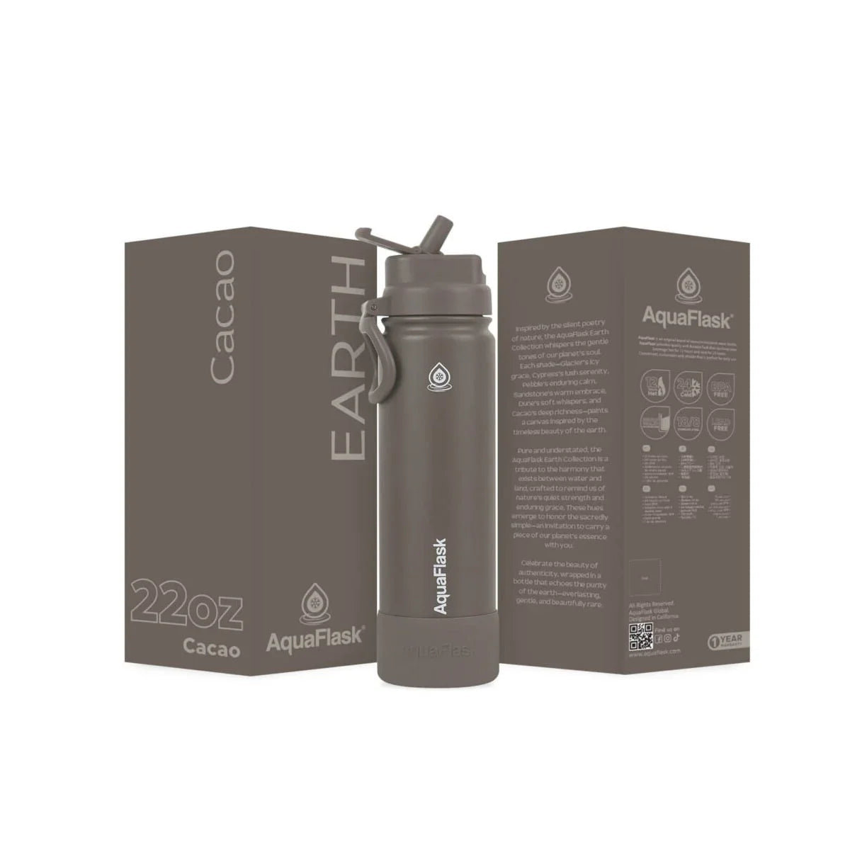 Brown 22oz stainless steel water bottle with flip straw lid and packaging, AquaFlask Earth Cacao.