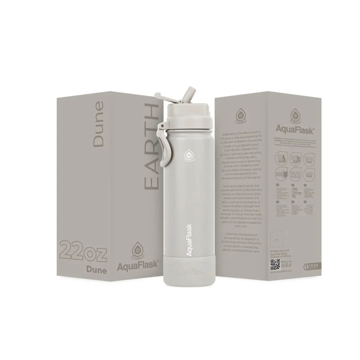 22oz AquaFlask Earth Dune water bottle with flip straw, shown with packaging