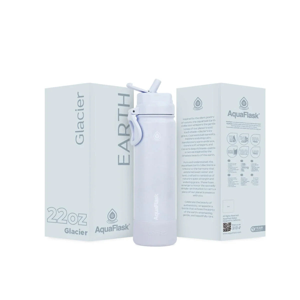 22oz Glacier AquaFlask water bottle with straw lid, displayed in front of product packaging