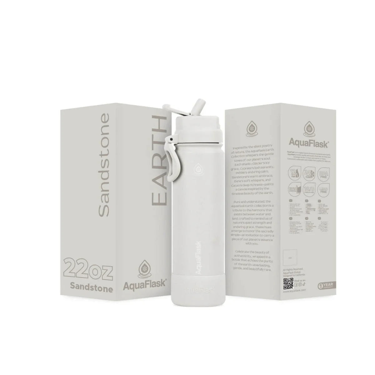 Sandstone 22oz insulated water bottle with flip-top lid, shown with product packaging.