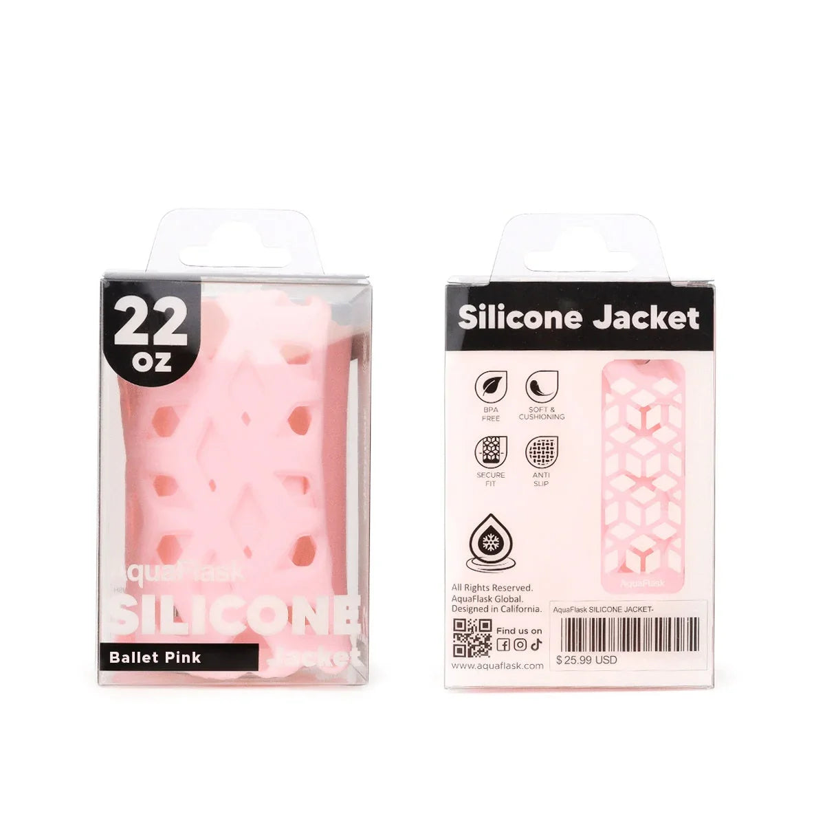 Ballet pink silicone bottle sleeve for 22 oz, in retail packaging, with hexagonal cutouts