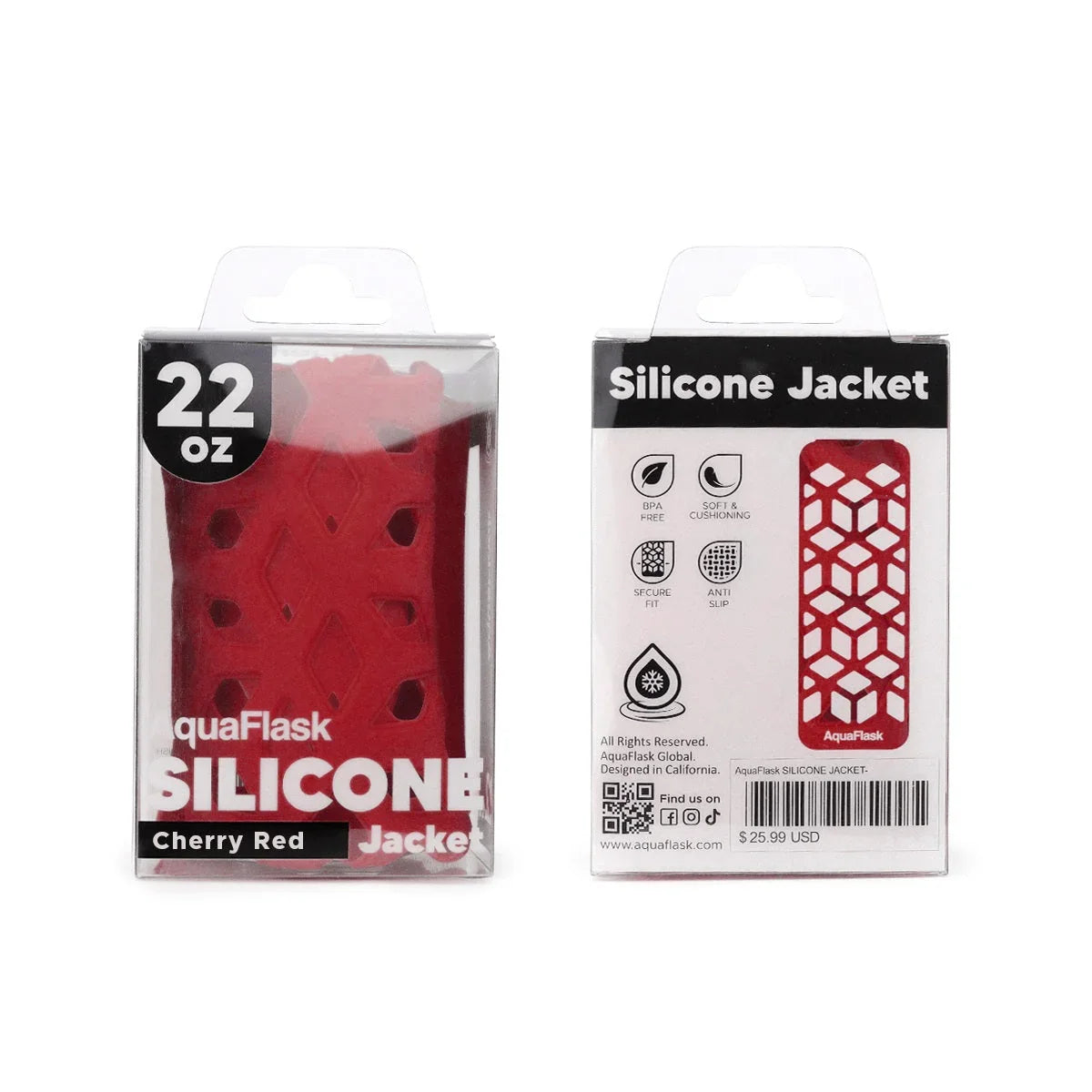 Cherry red 22oz silicone water bottle jacket with geometric grip pattern in retail packaging