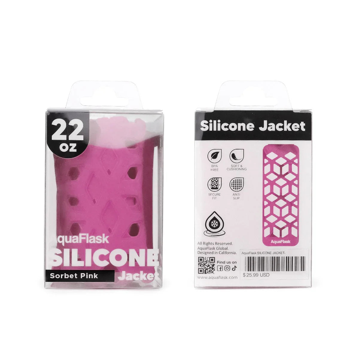 22oz sorbet pink silicone jacket bottle sleeve in retail packaging, front and back view