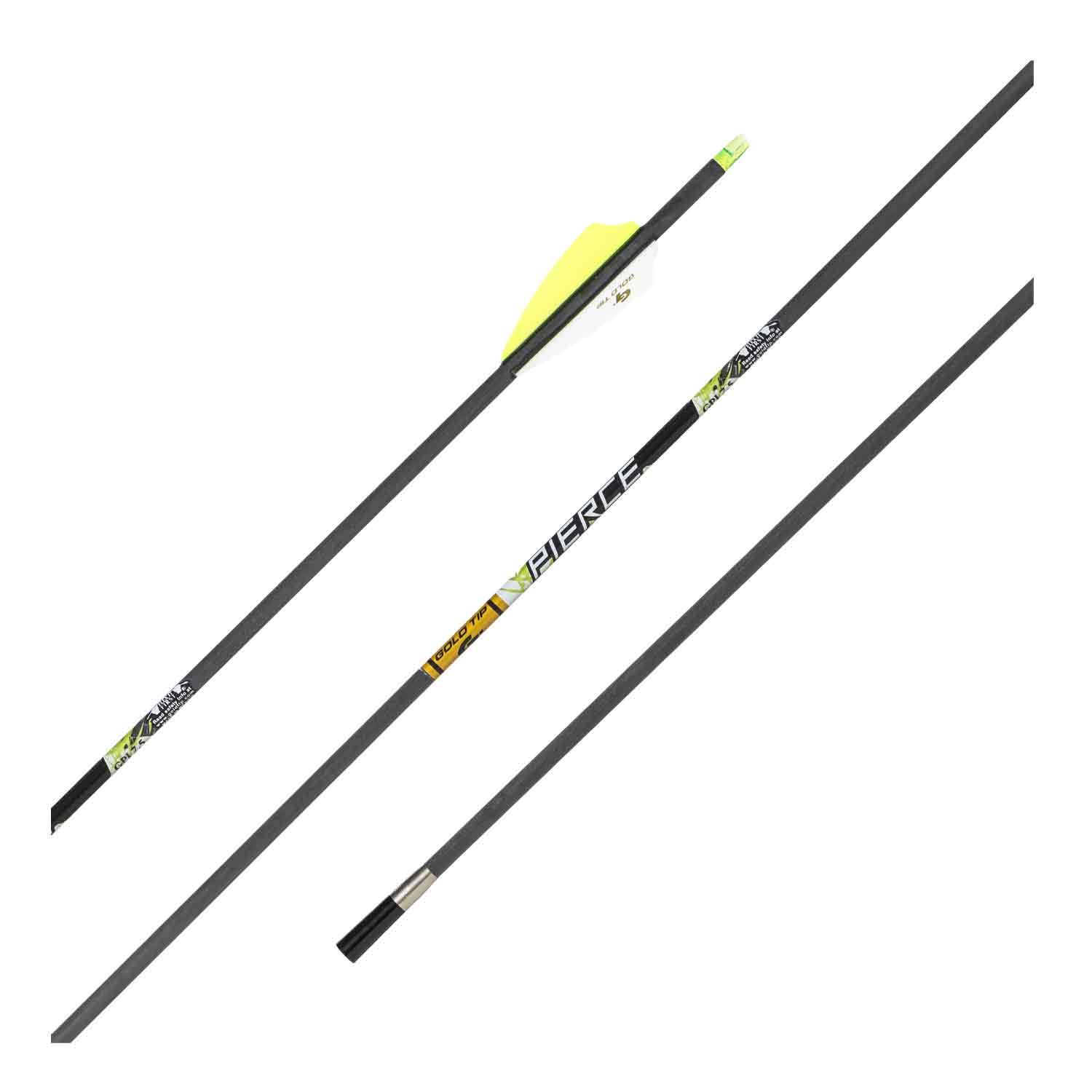 Carbon hunting arrow with yellow and white fletching and Pierce graphics on shaft