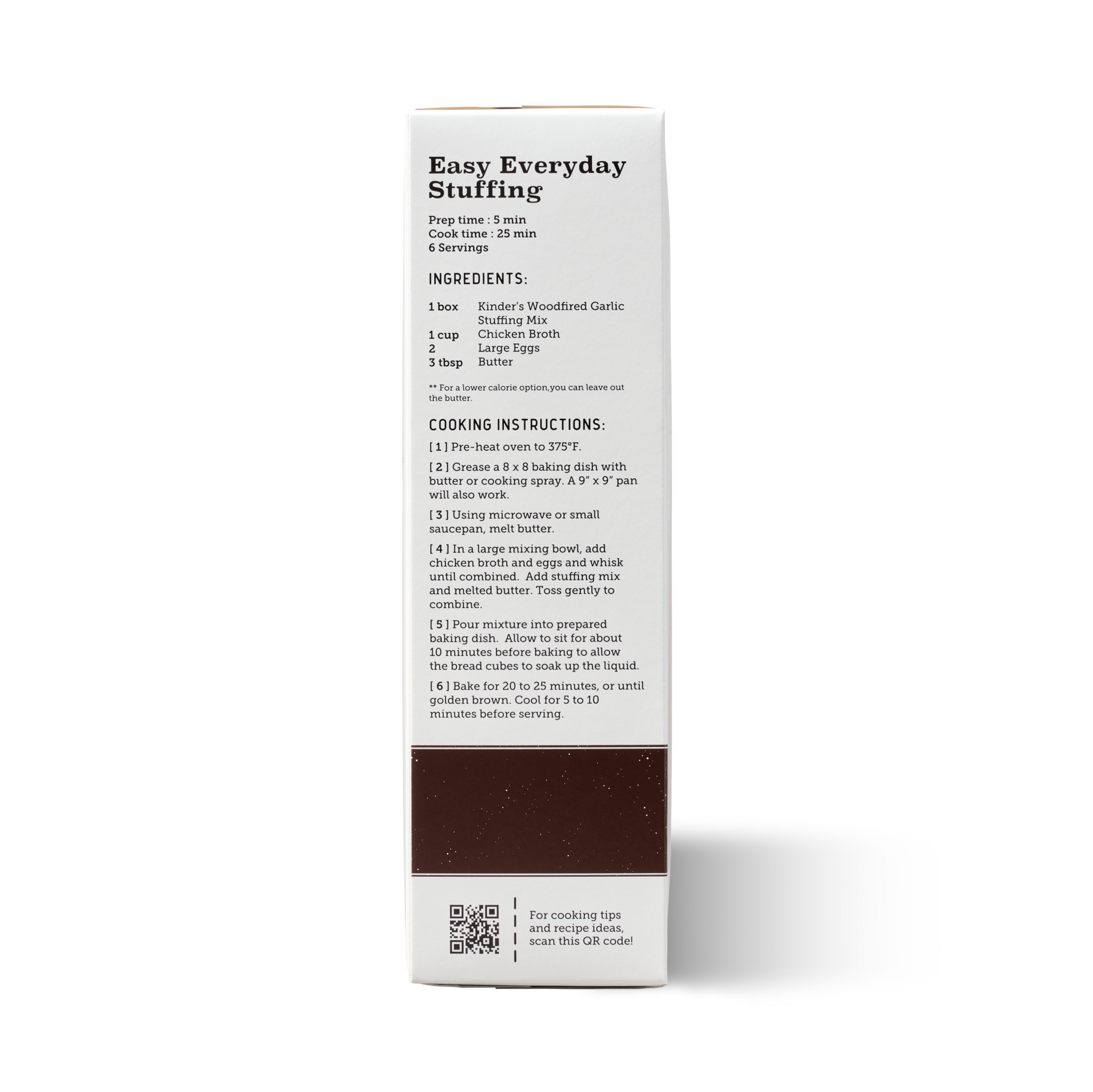 Stuffing mix recipe and cooking instructions on a white product box with ingredient list
