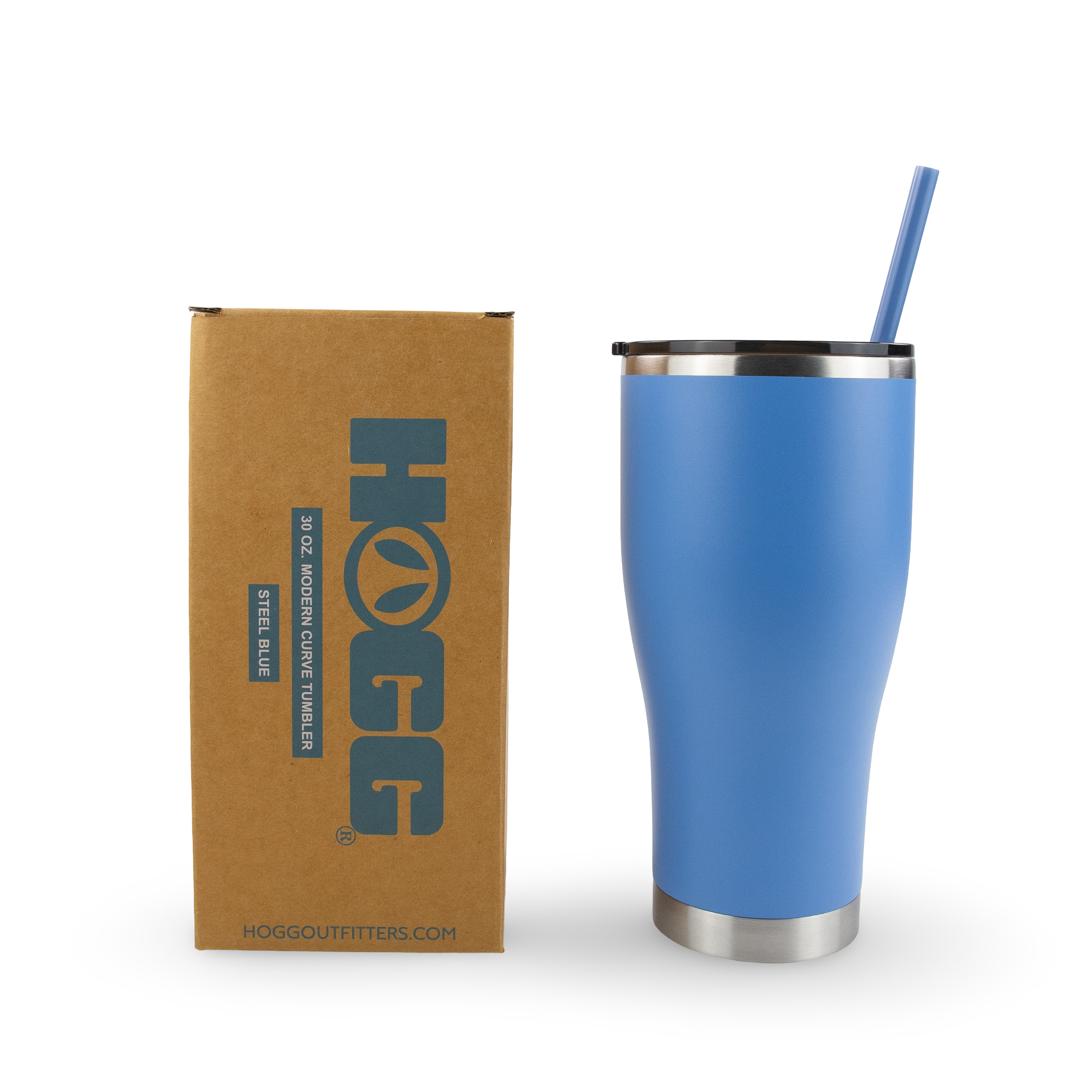 Steel blue stainless steel tumbler with lid and straw beside branded packaging