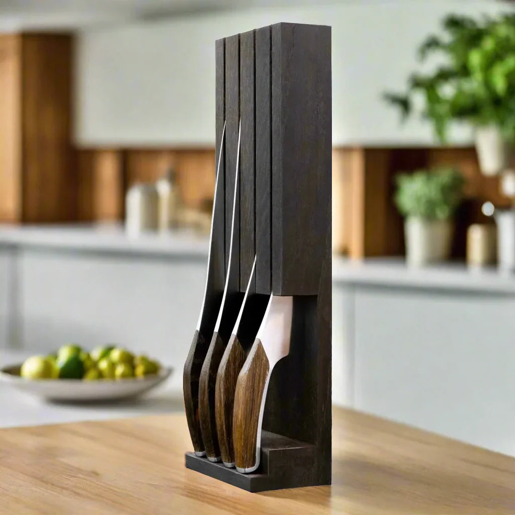Modern wooden knife block set with four knives on kitchen counter, contemporary decor