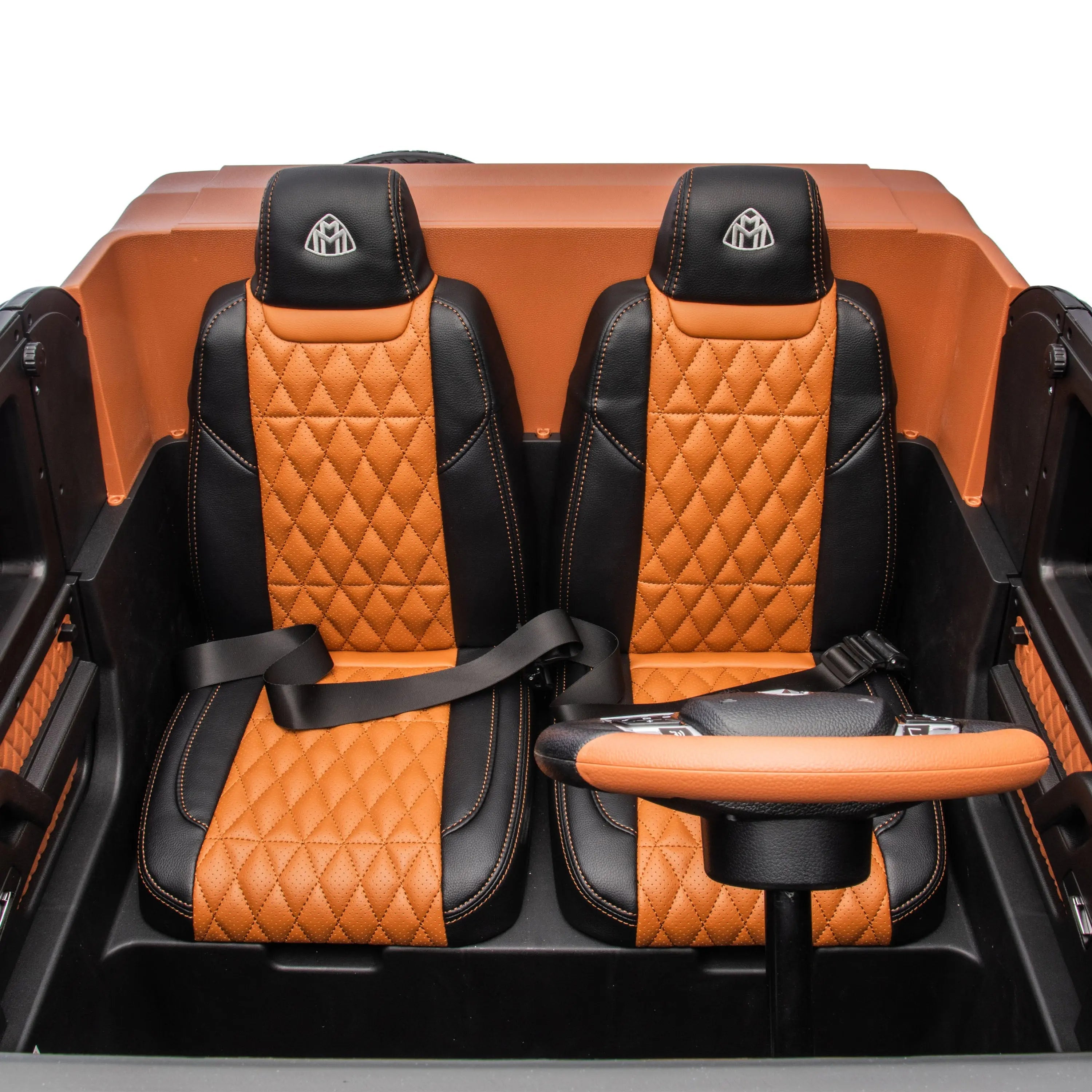 Brown and black diamond-stitched leather car seats with seat belts and steering wheel, luxury style