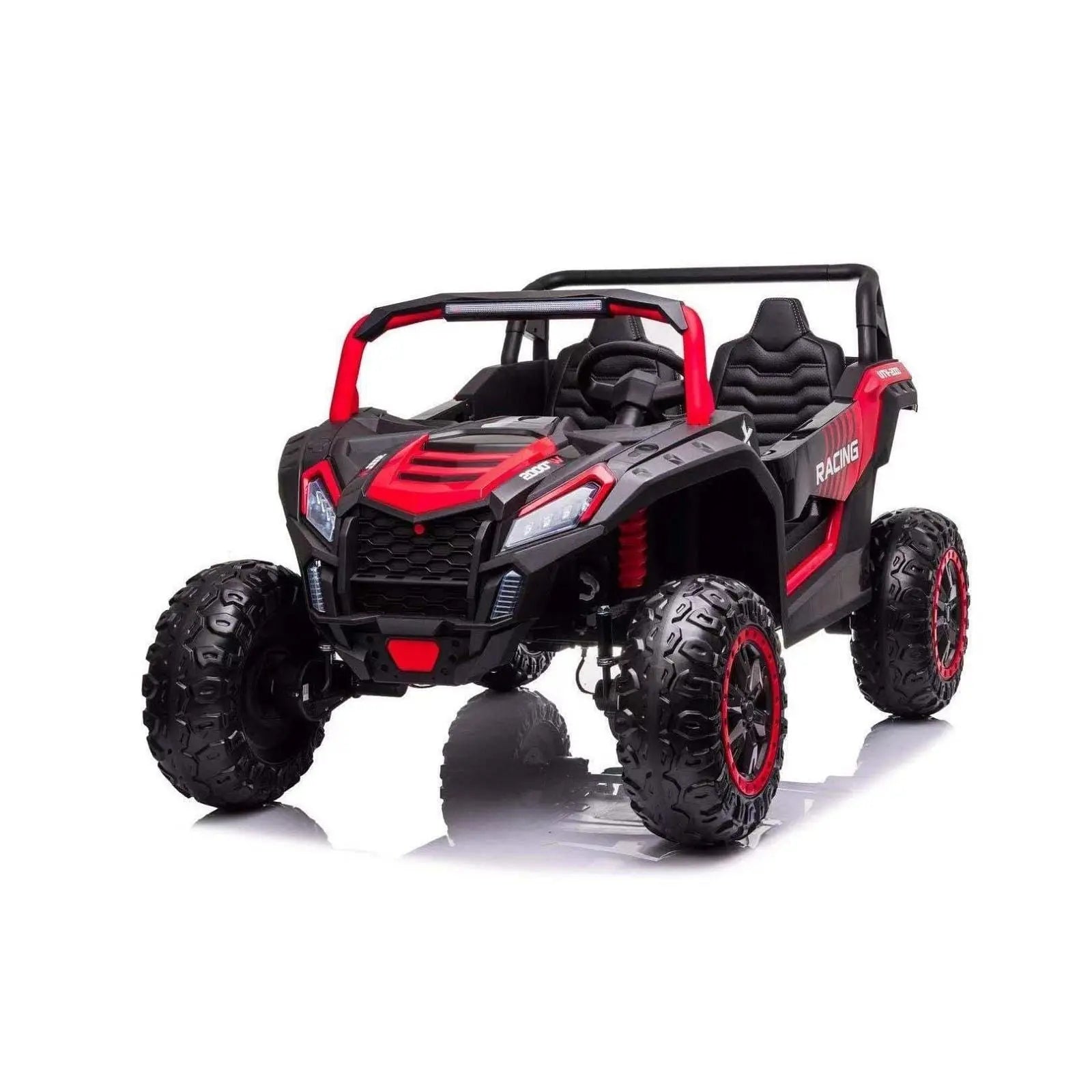 Kids electric 4x4 ride-on dune buggy, black and red, two-seater with rugged tires
