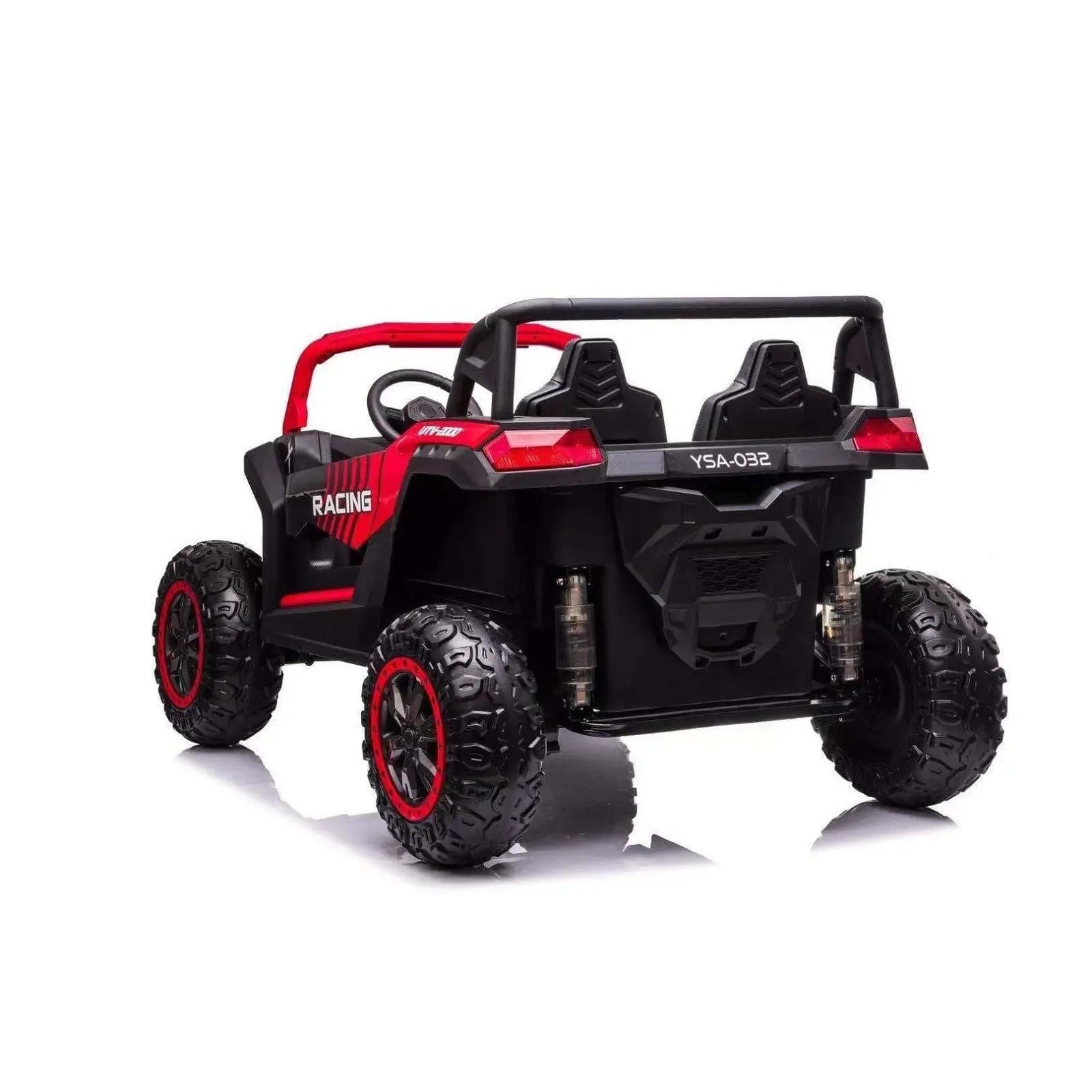 Red and black 2-seater kids ride-on 4x4 dune buggy with off-road tires, rear view