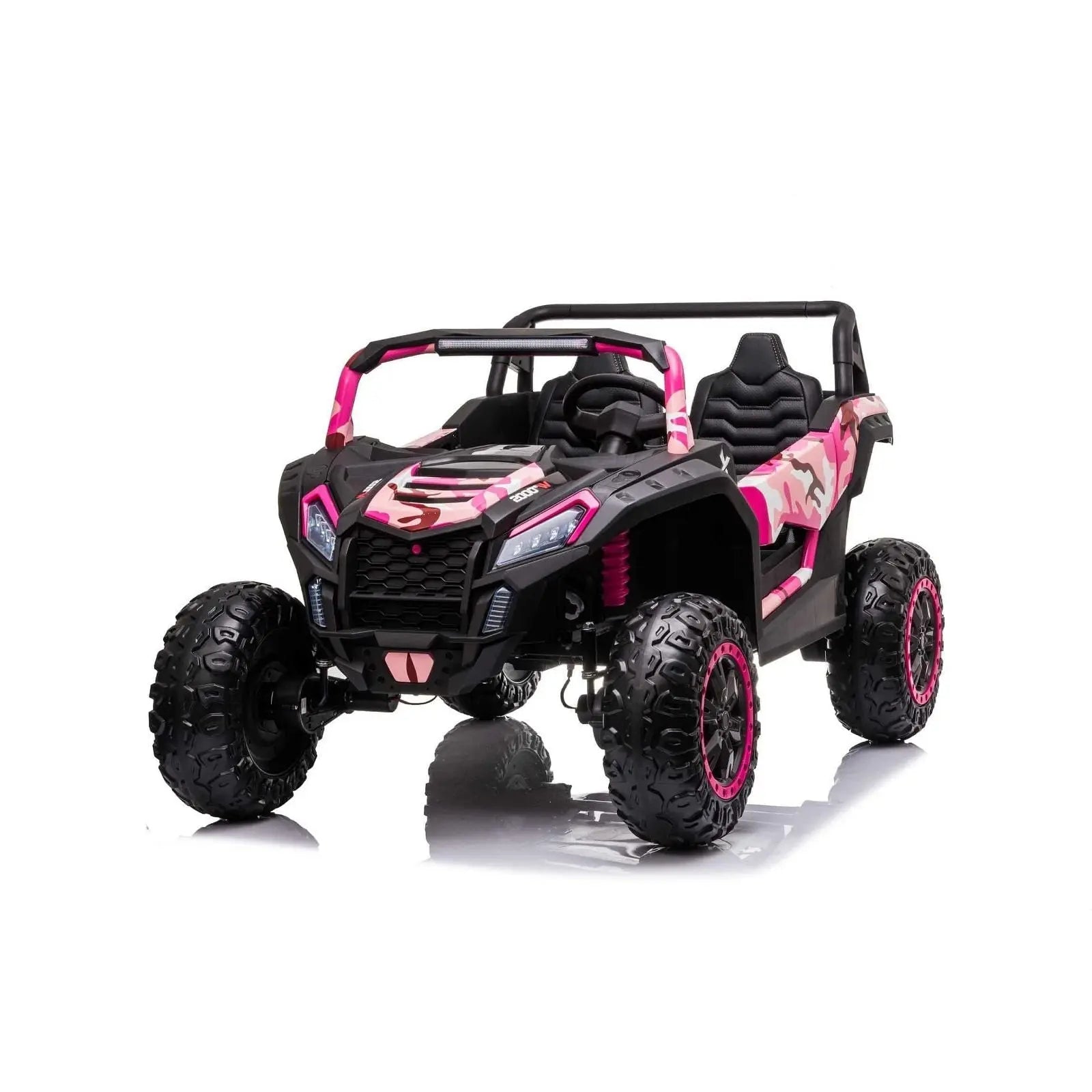Pink and black 24V 4x4 two-seater ride-on dune buggy with off-road tires, studio background