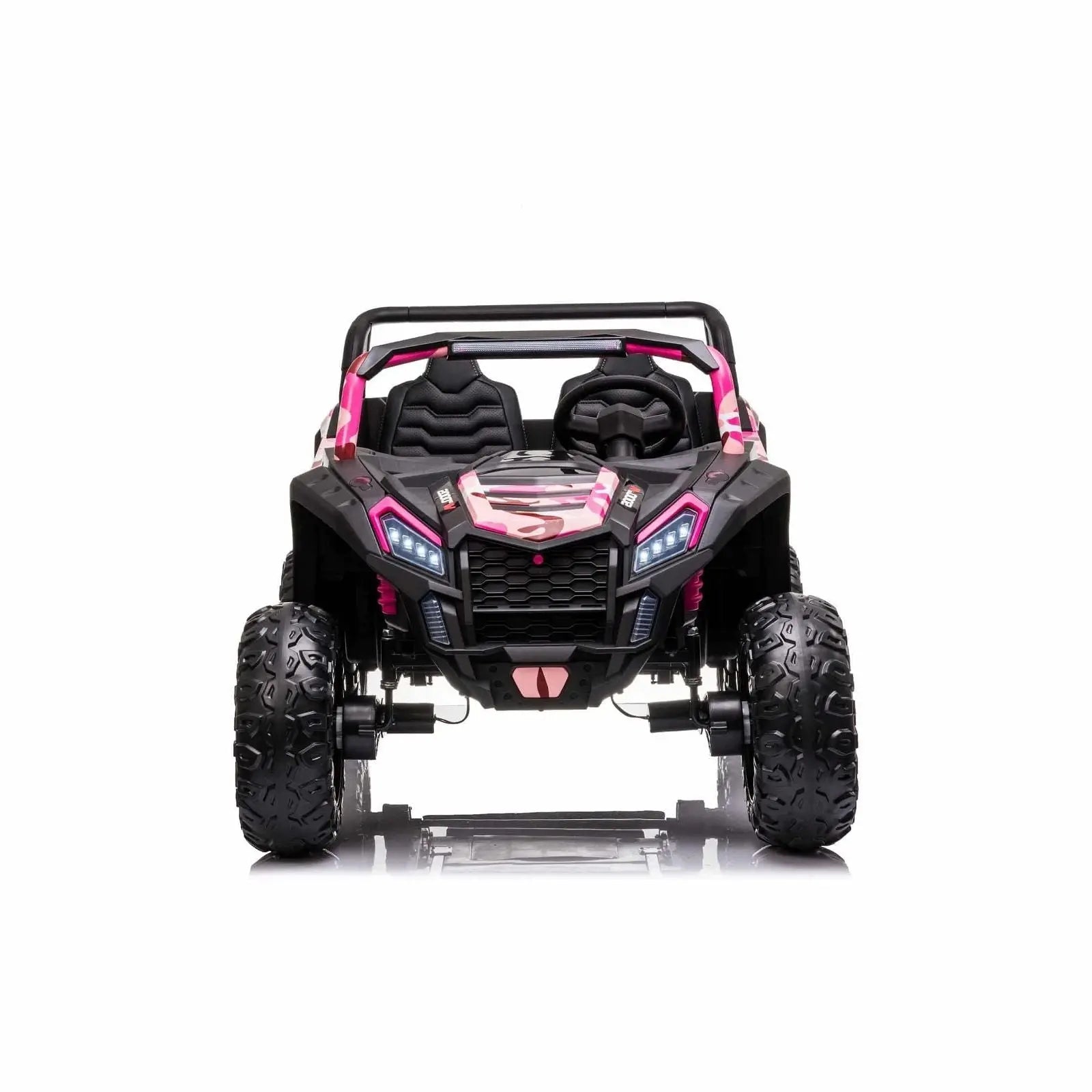 Pink and black 2-seater kids ride-on 4x4 dune buggy with rugged tires, front view