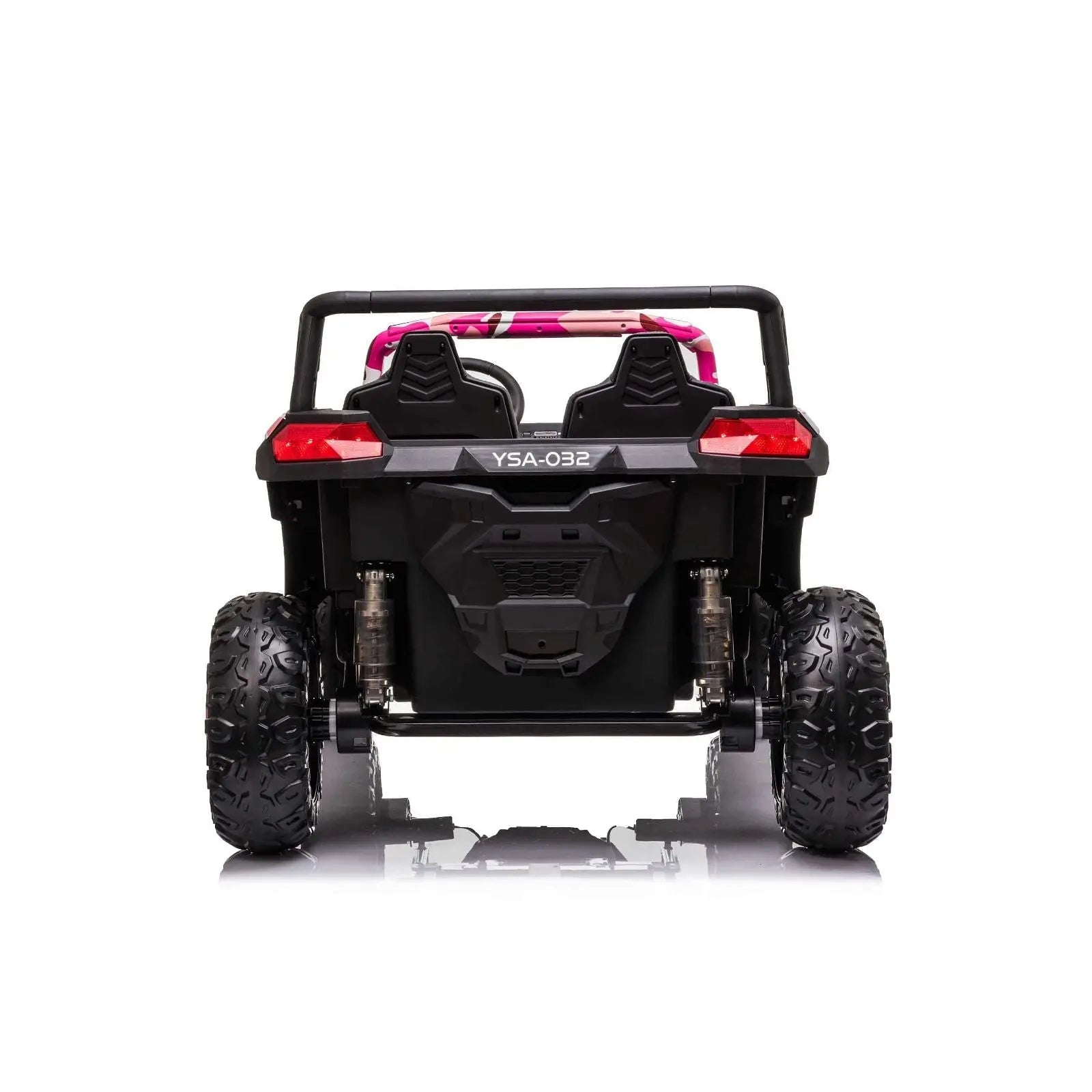 Rear view of black 24V kids ride-on 4x4 dune buggy with two seats and rugged tires