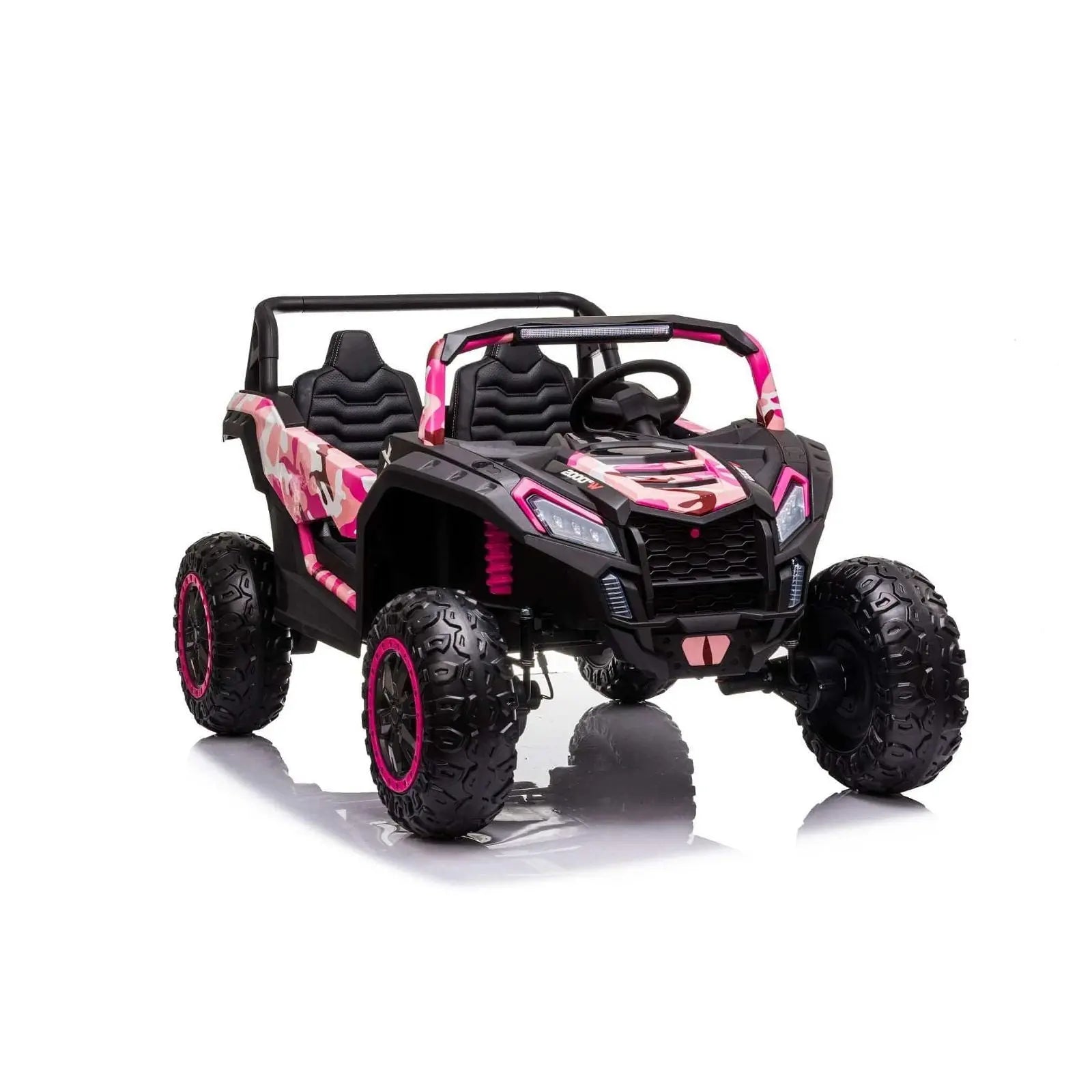 Pink camo 2-seater kids electric ride-on dune buggy with off-road tires on white background