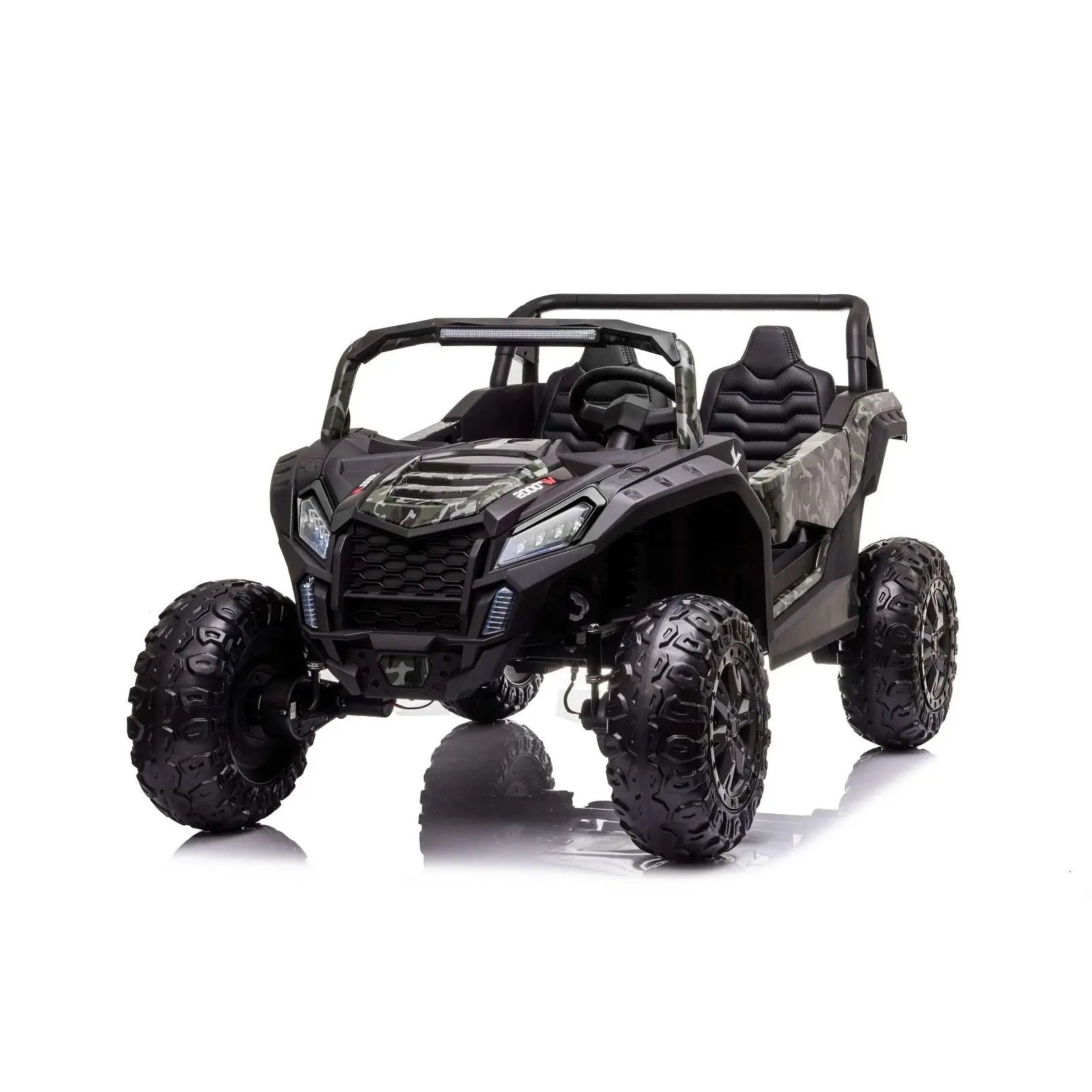 Black 2-seater kids ride-on 4x4 dune buggy with large rugged tires and camo accents