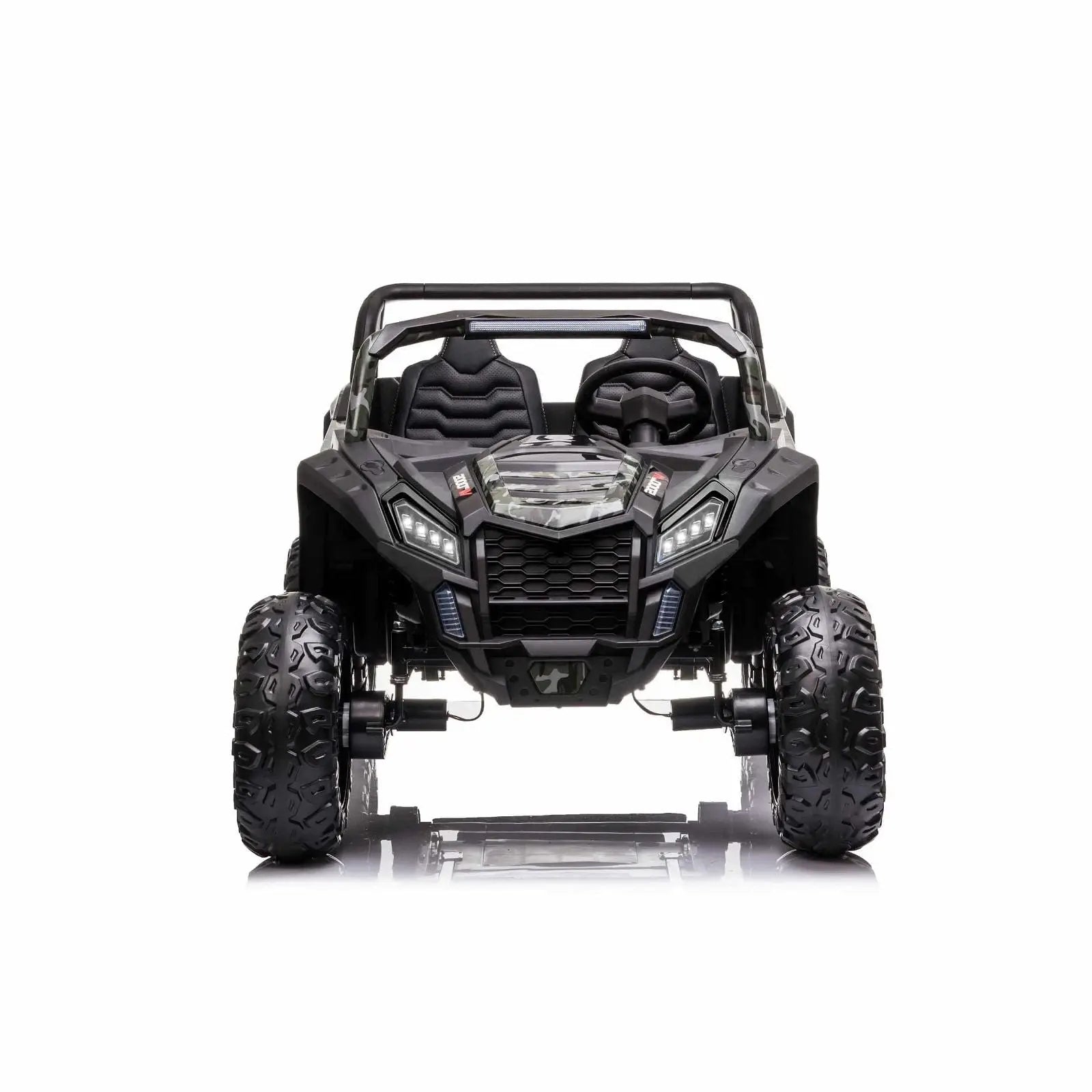 Black 2-seater ride-on dune buggy with rugged tires and detailed front grill