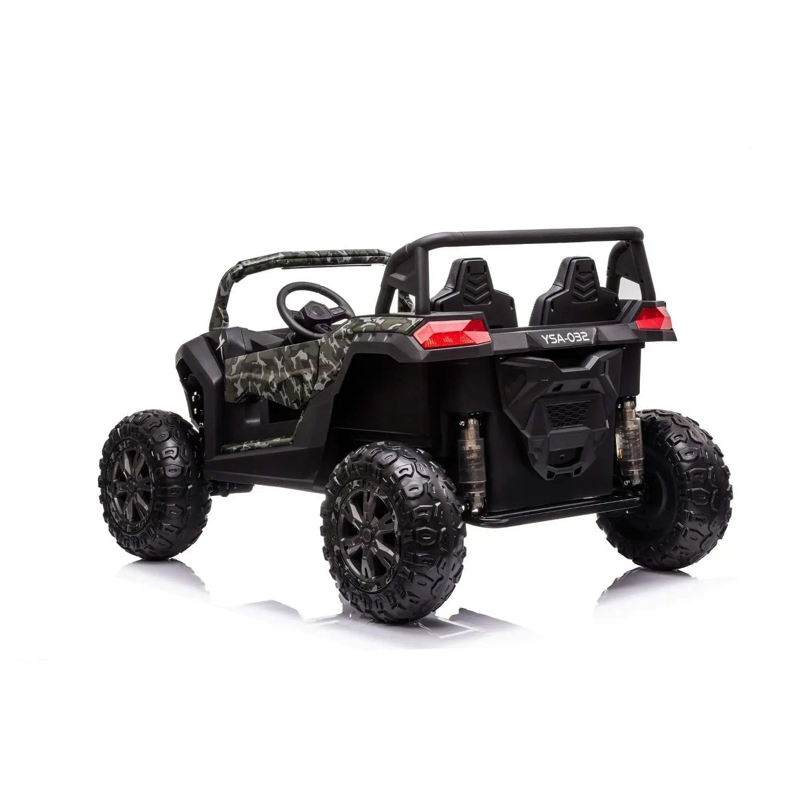 24V black camouflage kids ride-on dune buggy two seater with rugged tires, rear view