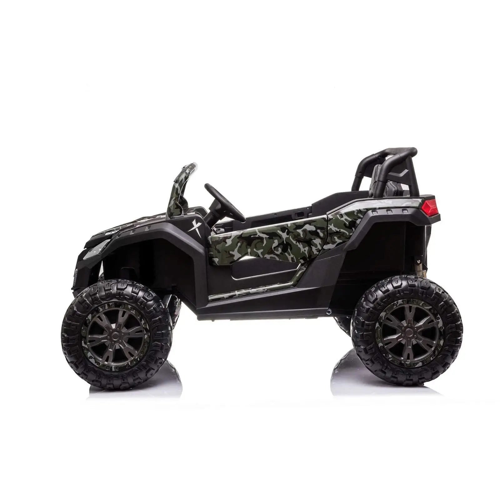 24V camo ride-on dune buggy with large all-terrain tires, side view on white background
