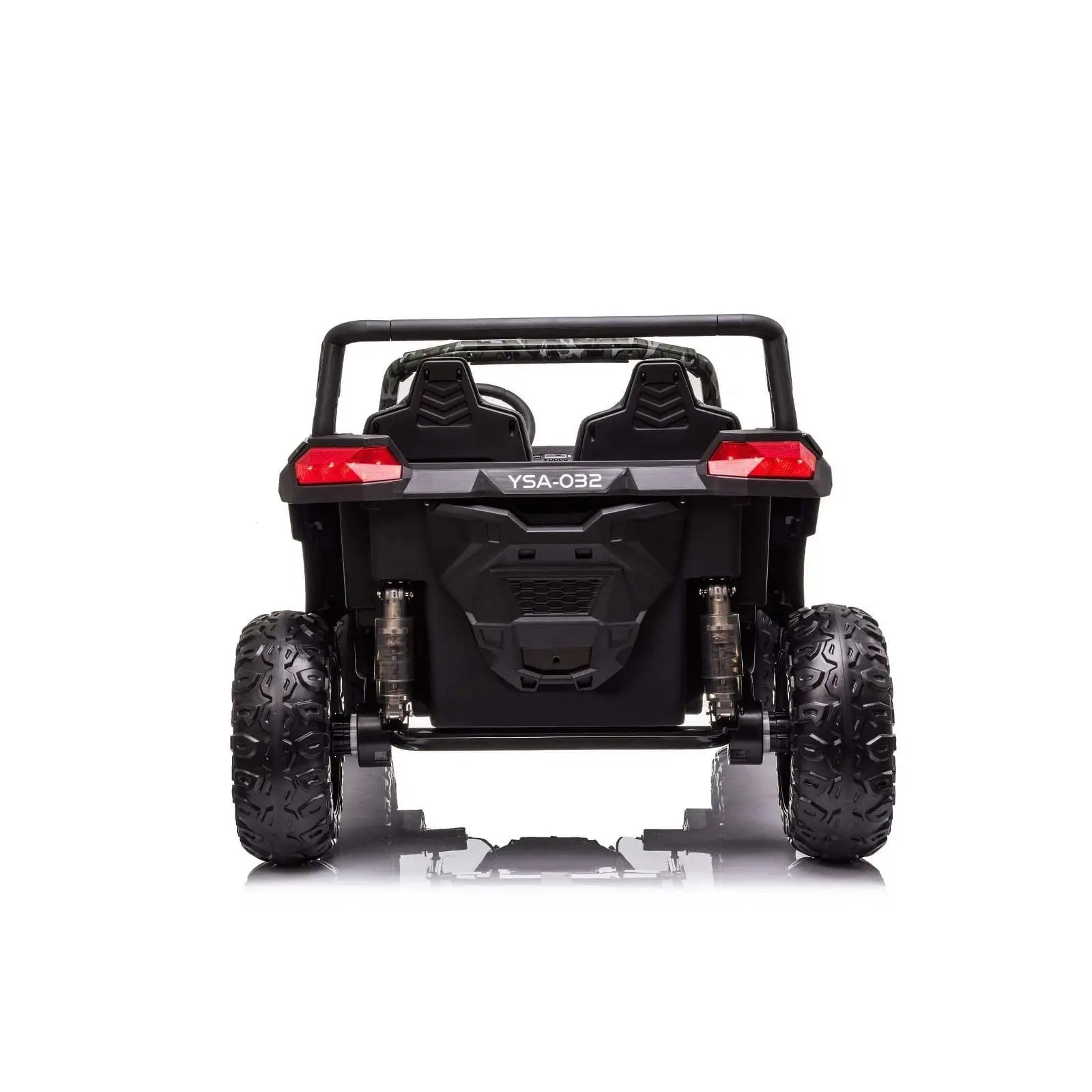 Rear view of a black 2-seater kids electric ride-on dune buggy with off-road tires.