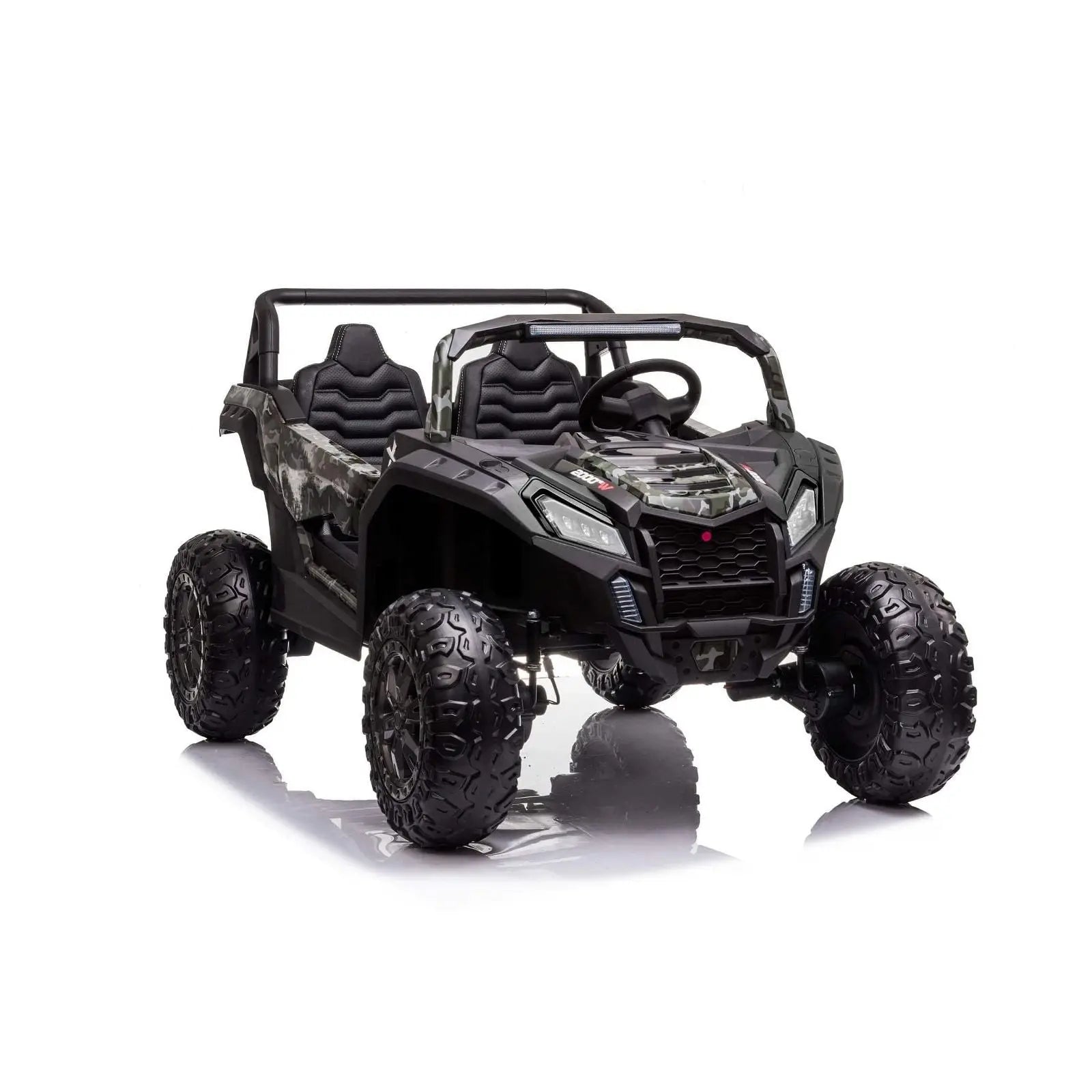 24V 2-seater kids ride-on 4x4 dune buggy with black camouflage design and off-road tires