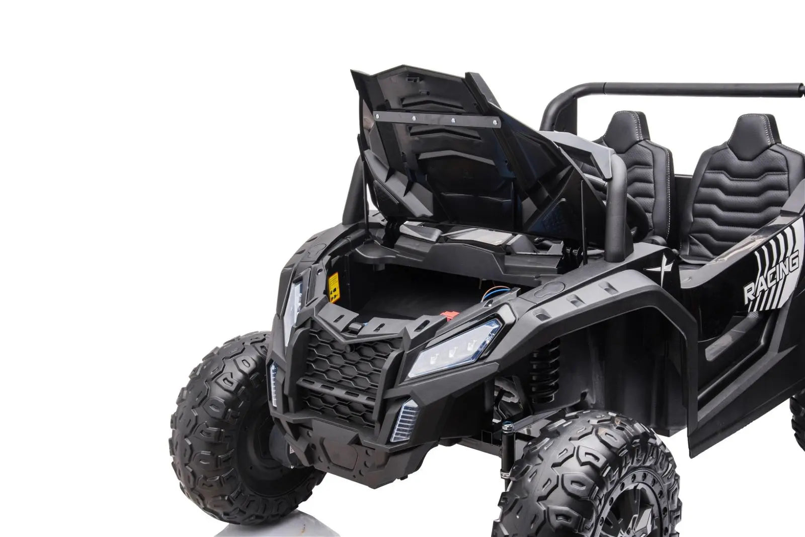 Black 2-seater kids ride-on dune buggy with open hood, rugged wheels, and racing seats