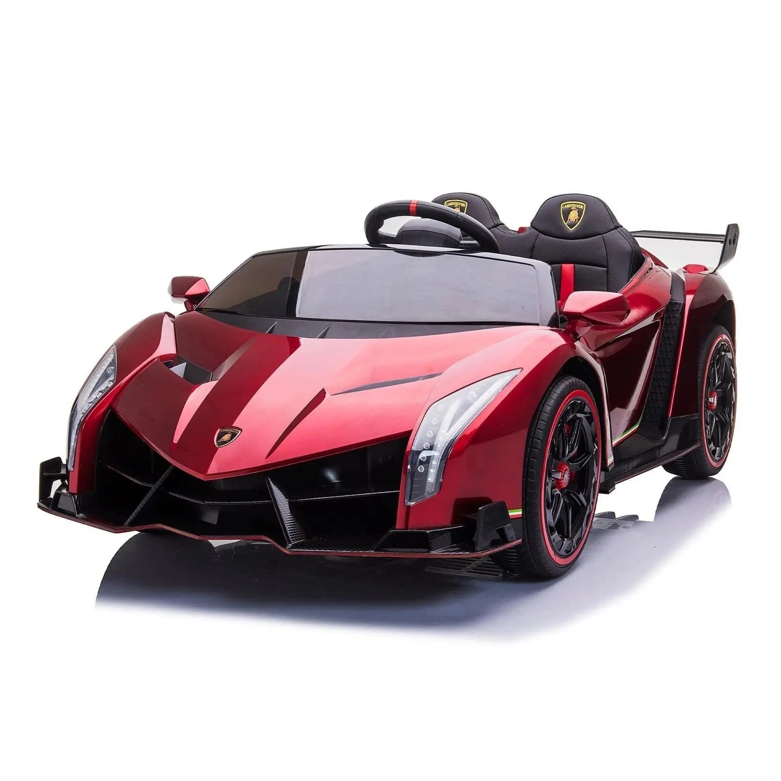 Red 24V Lamborghini Veneno 4x4 2-seater ride-on toy car for kids on white background