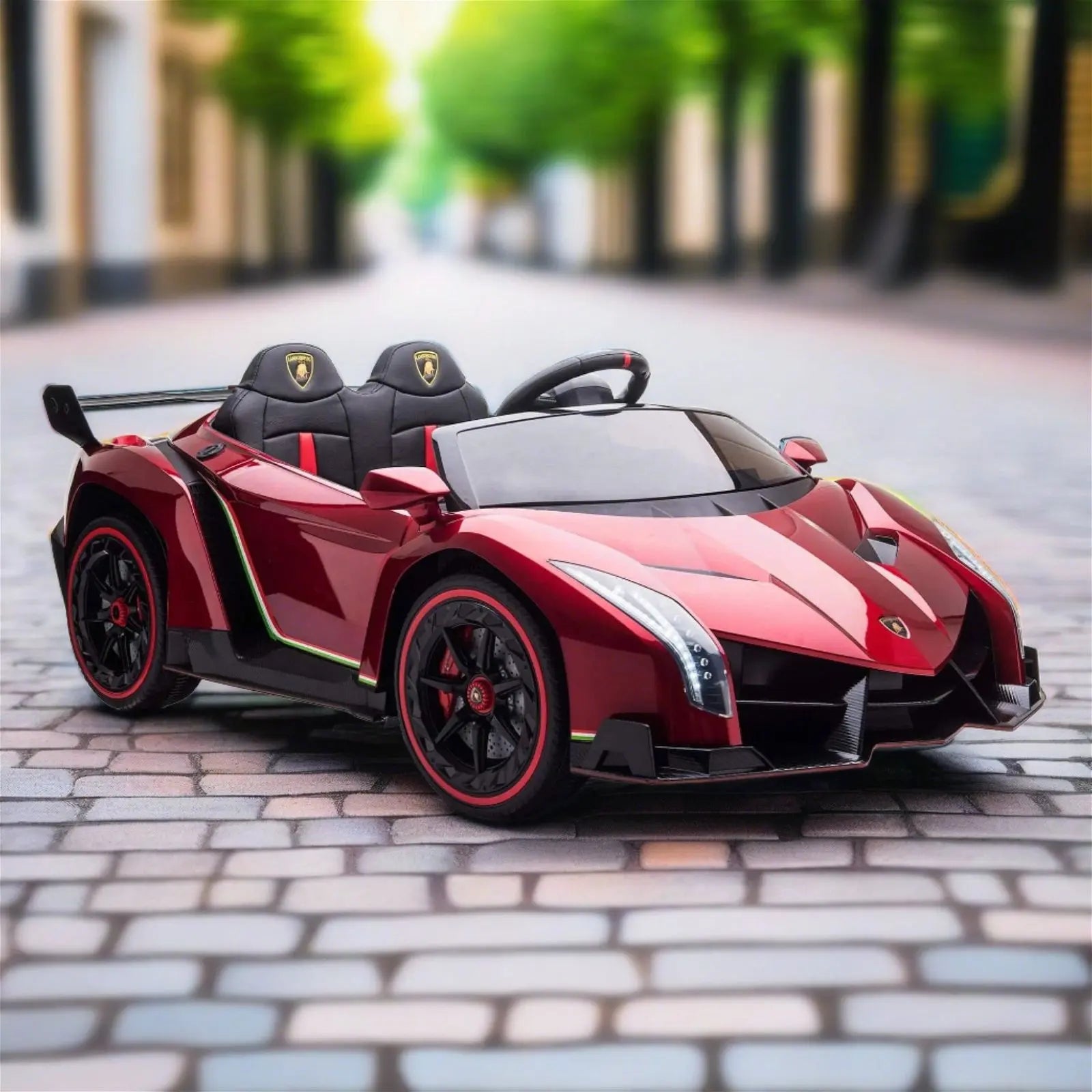 Red 24V Lamborghini Veneno 4x4 2-seater kids ride-on car on a cobblestone street