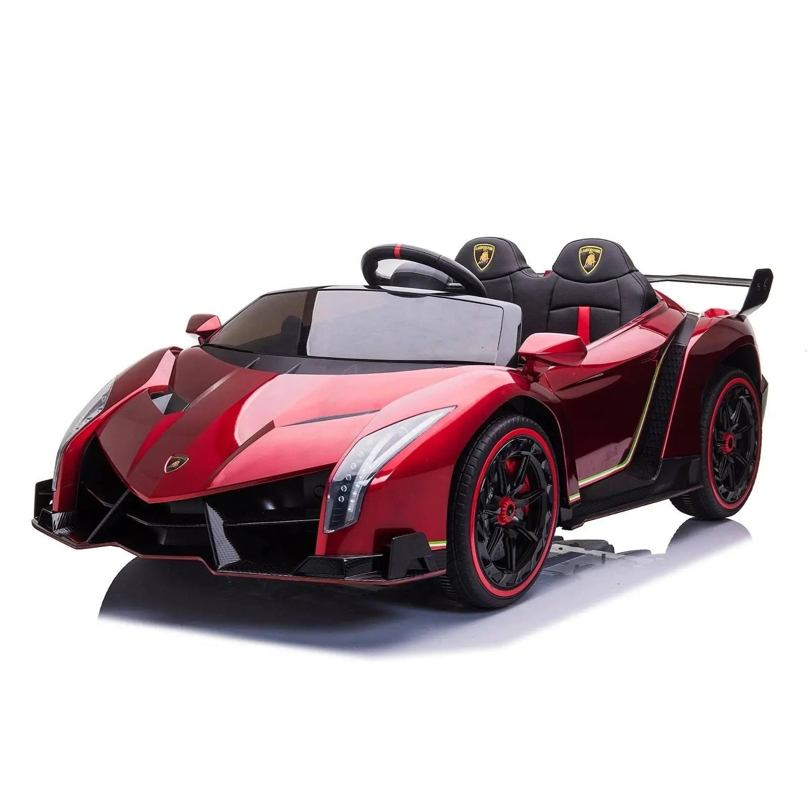 Red Lamborghini Veneno 2-seater kids ride-on car with black seats and sporty design