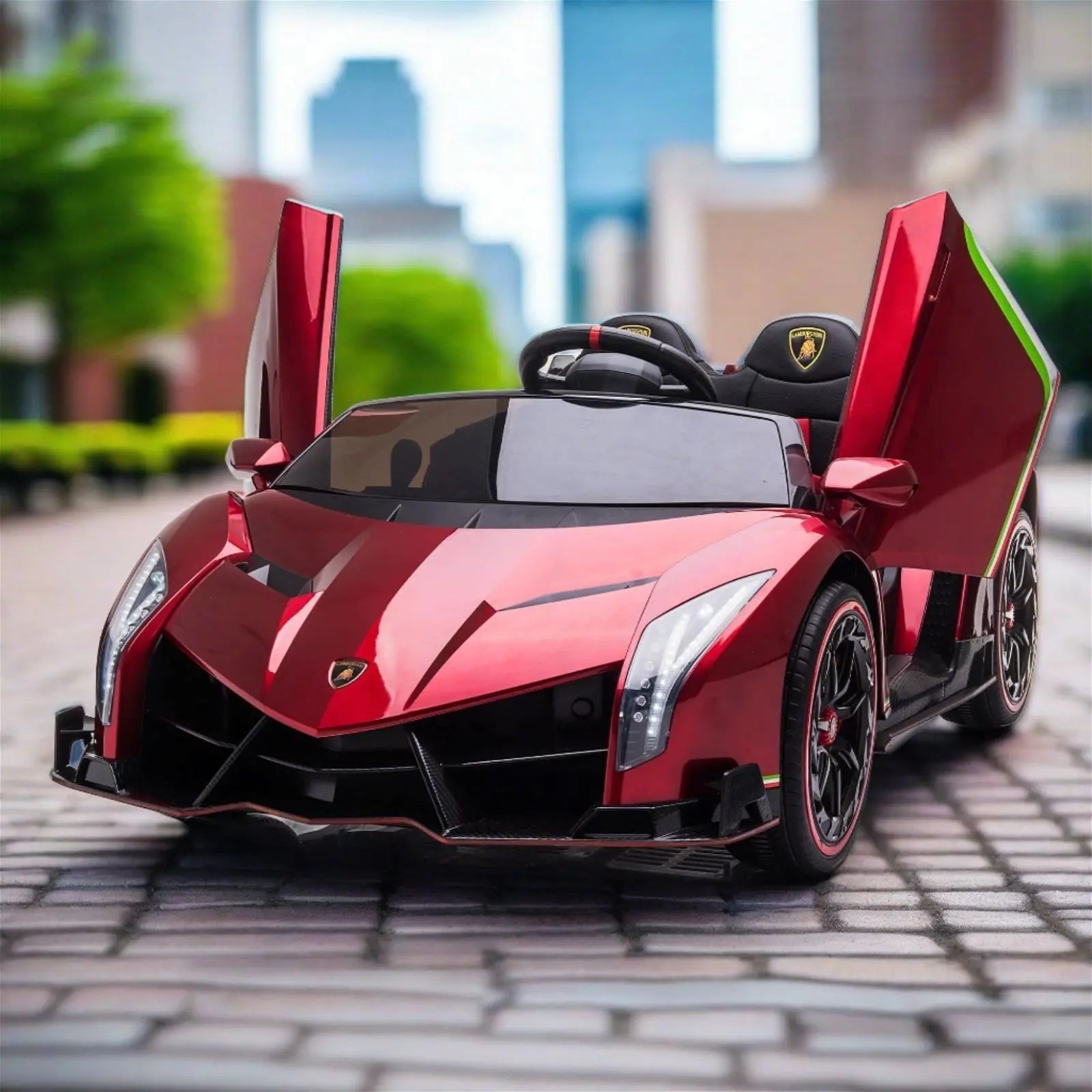 Red Lamborghini Veneno 2-seater kids ride-on car with scissor doors open on city street