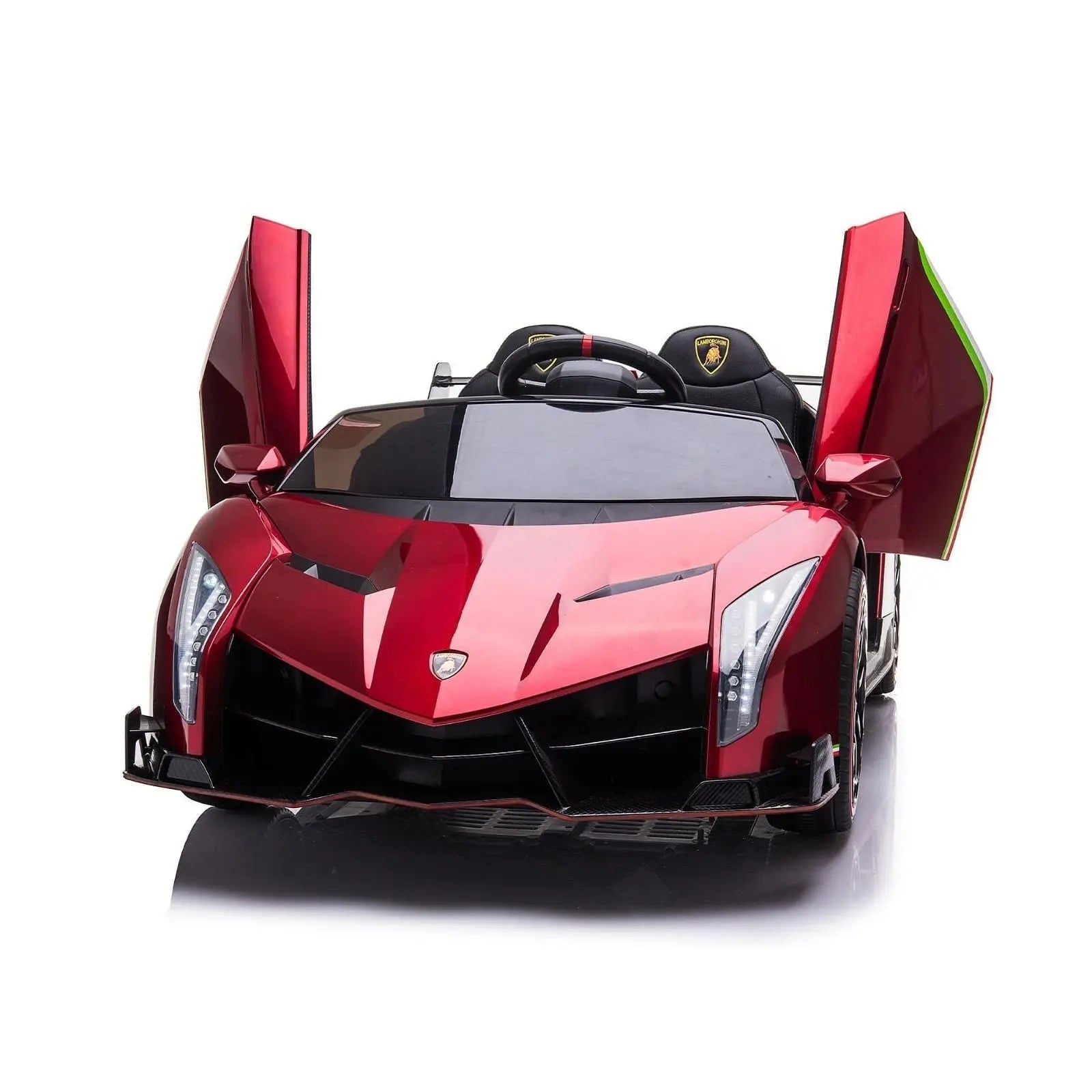 Red 2-seater Lamborghini Veneno kids ride on car with open scissor doors on white background