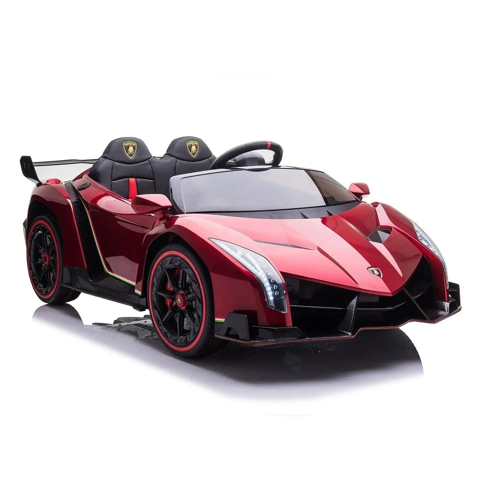Red 24V Lamborghini Veneno 2-seater ride-on toy car with black seats and sporty design