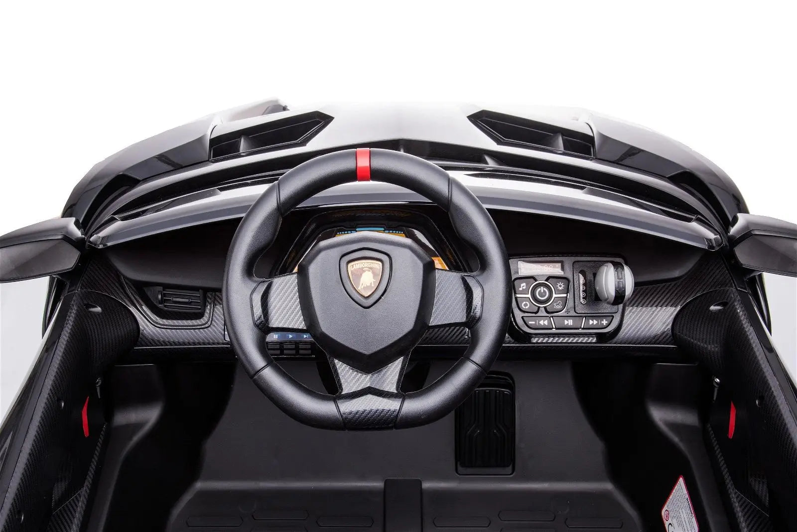 Kids ride-on Lamborghini Veneno toy car interior with steering wheel and dashboard details