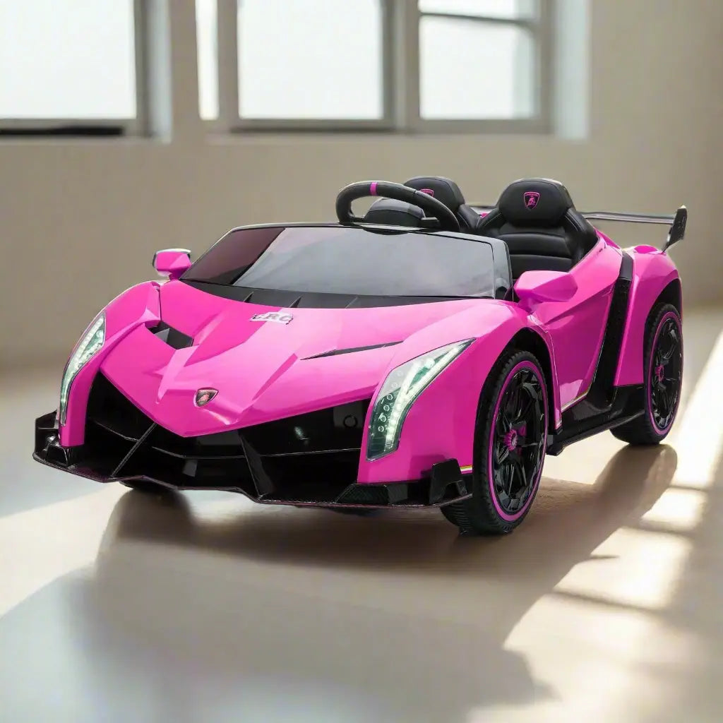 Pink 24V 4x4 Lamborghini Veneno 2-seater ride-on toy car in a bright indoor room
