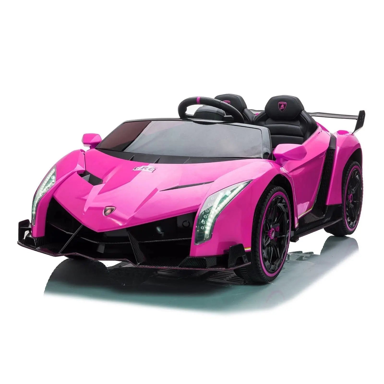 Pink 24V 2-seater Lamborghini Veneno kids ride-on car with black seats, LED headlights