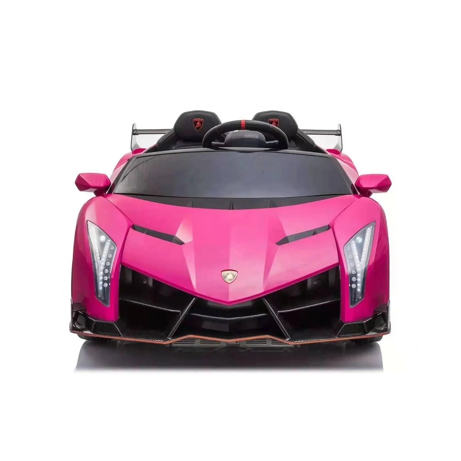 Pink 2-seater ride on Lamborghini Veneno toy car with sporty design, front view, white background