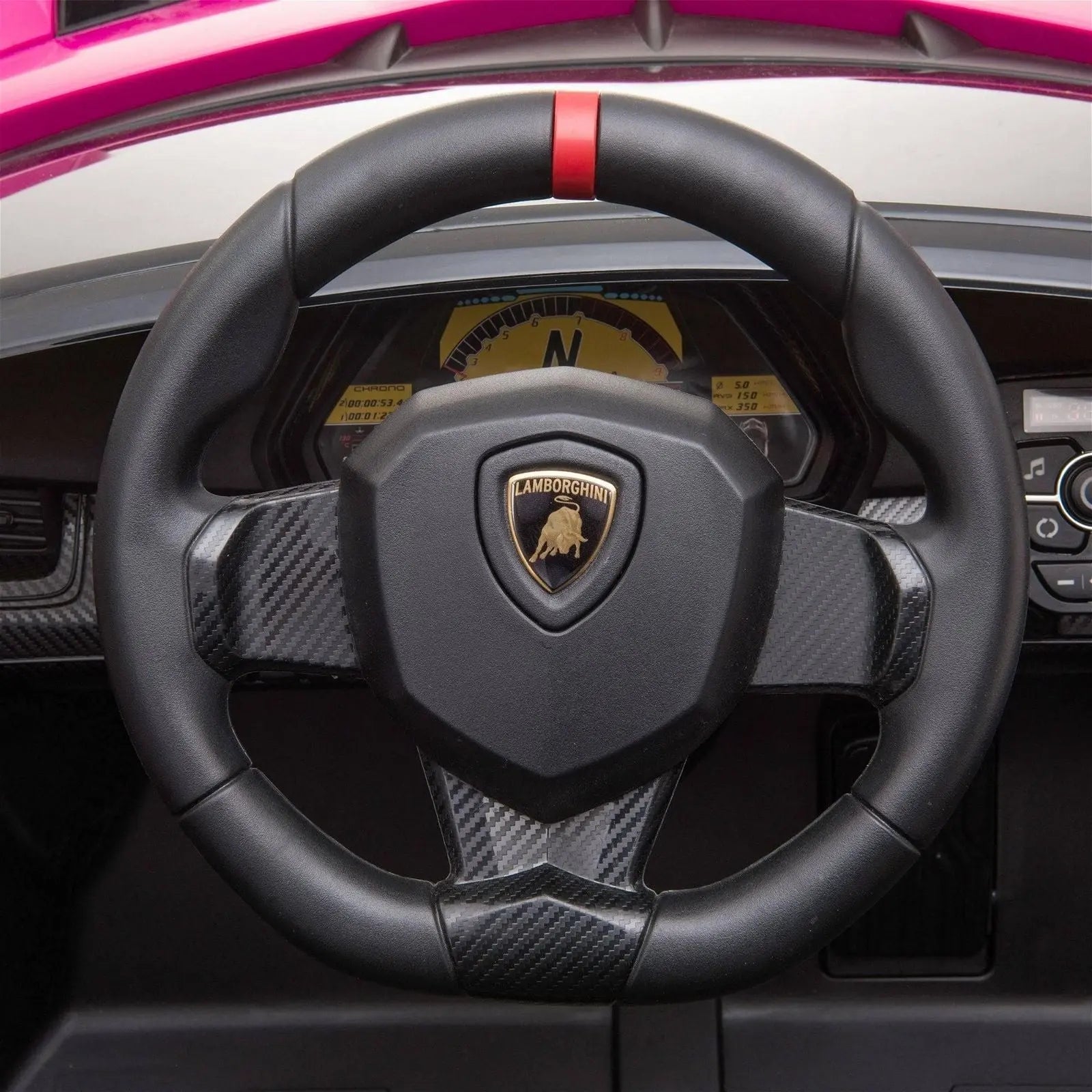 Close-up of Lamborghini Veneno toy car steering wheel with dashboard display