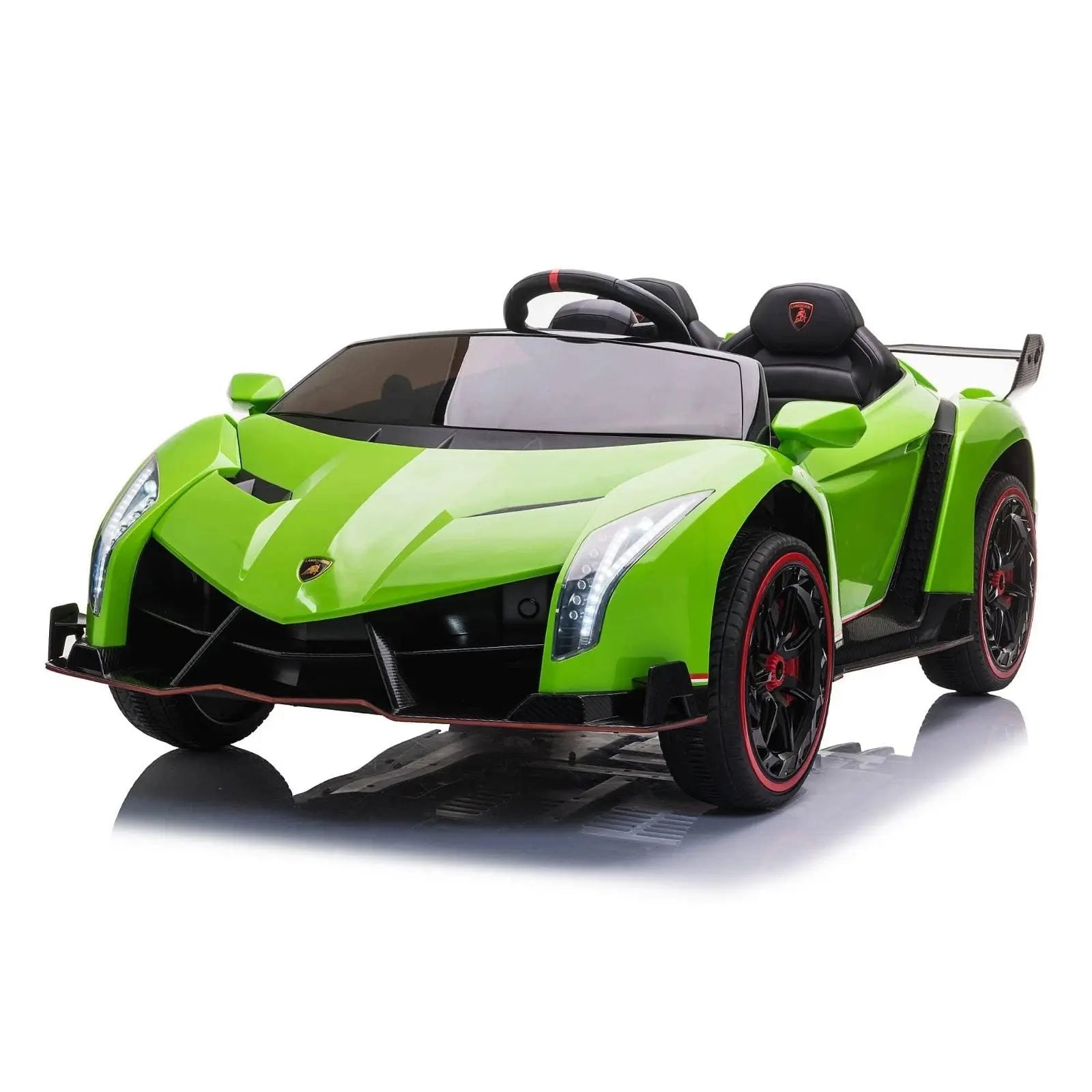 Green 24V Lamborghini Veneno 2-seater kids ride-on car with black and red wheels