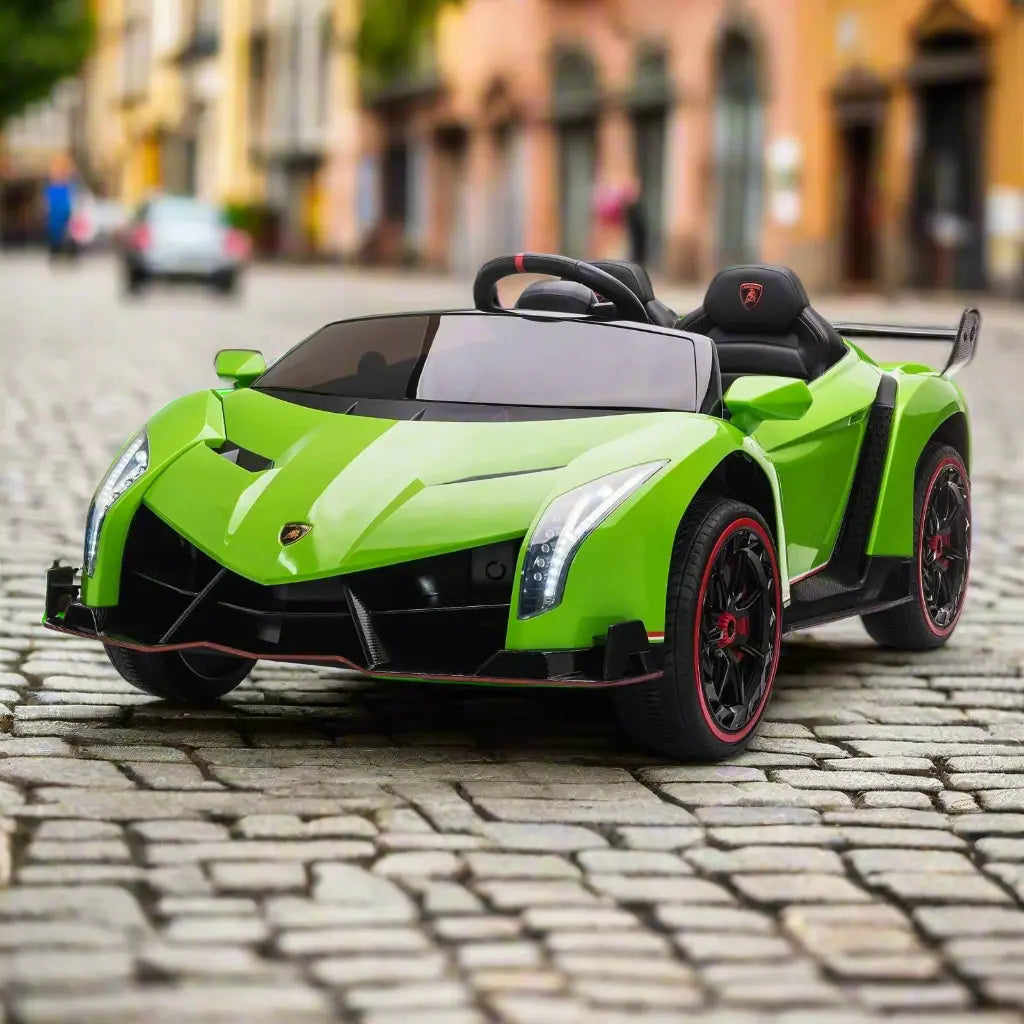 Green 2-seater kids ride-on Lamborghini car with black wheels on cobblestone street