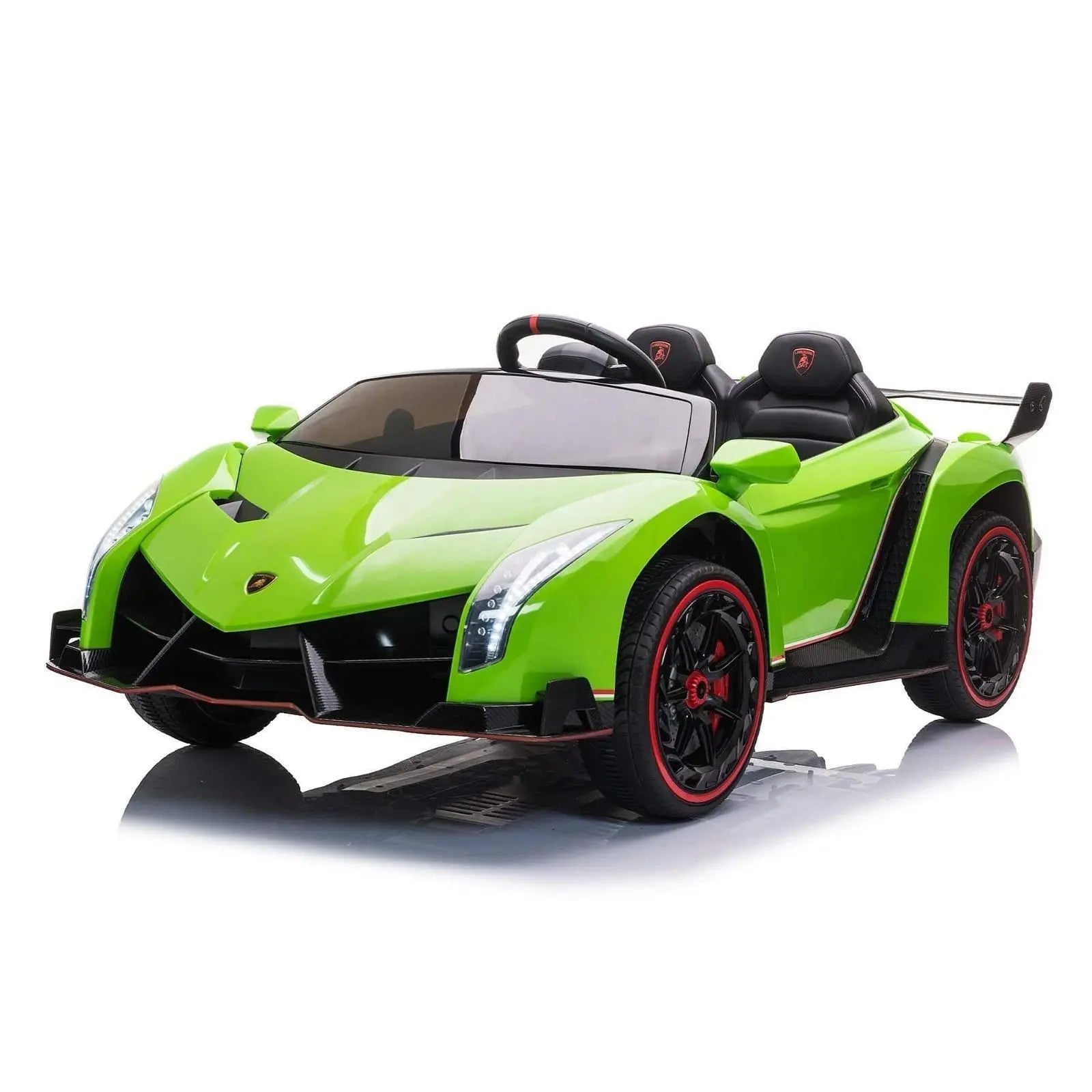Green 2-seater Lamborghini Veneno electric ride-on toy car with black and red wheels