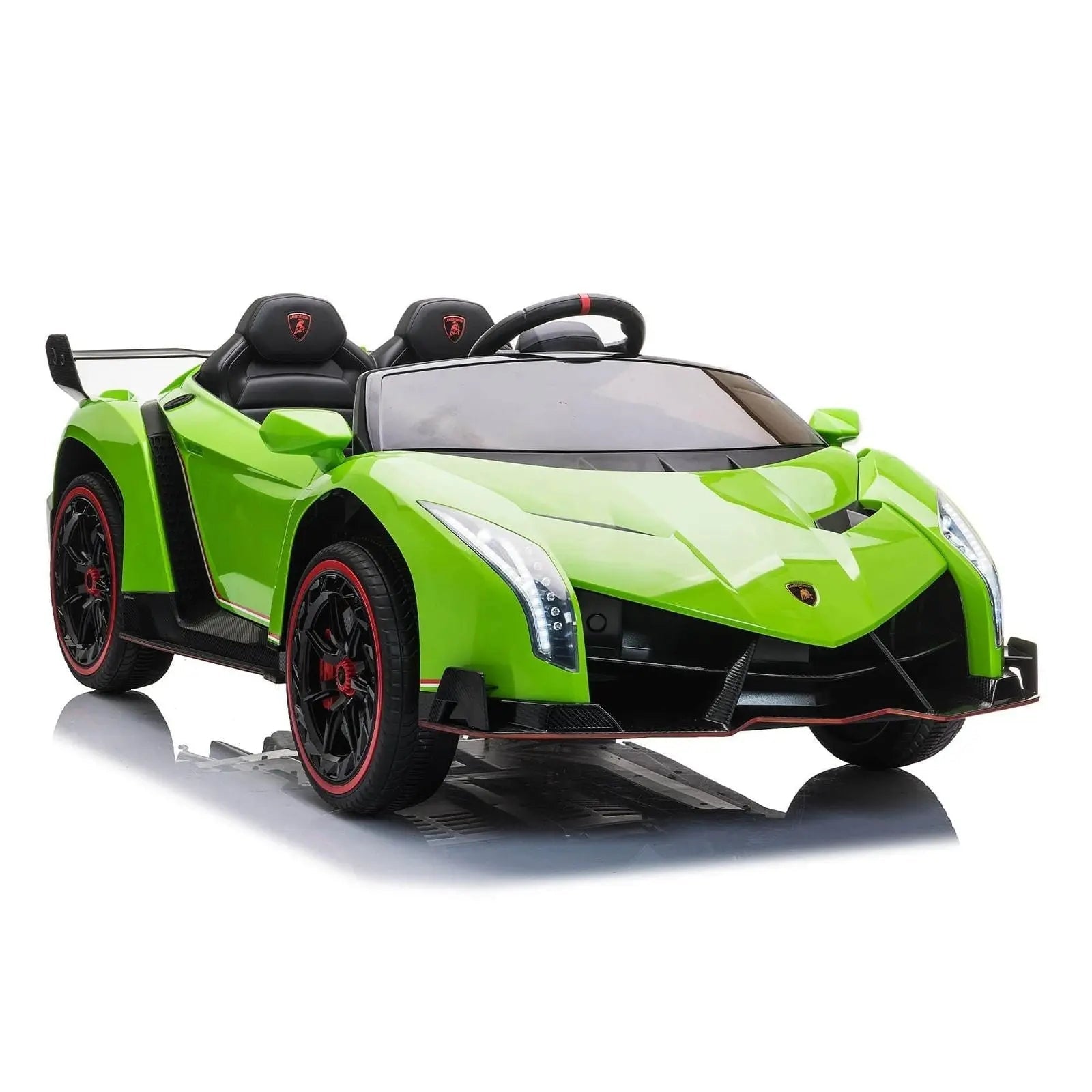 Green 24V 4x4 Lamborghini Veneno kids electric ride-on car with two seats on white background