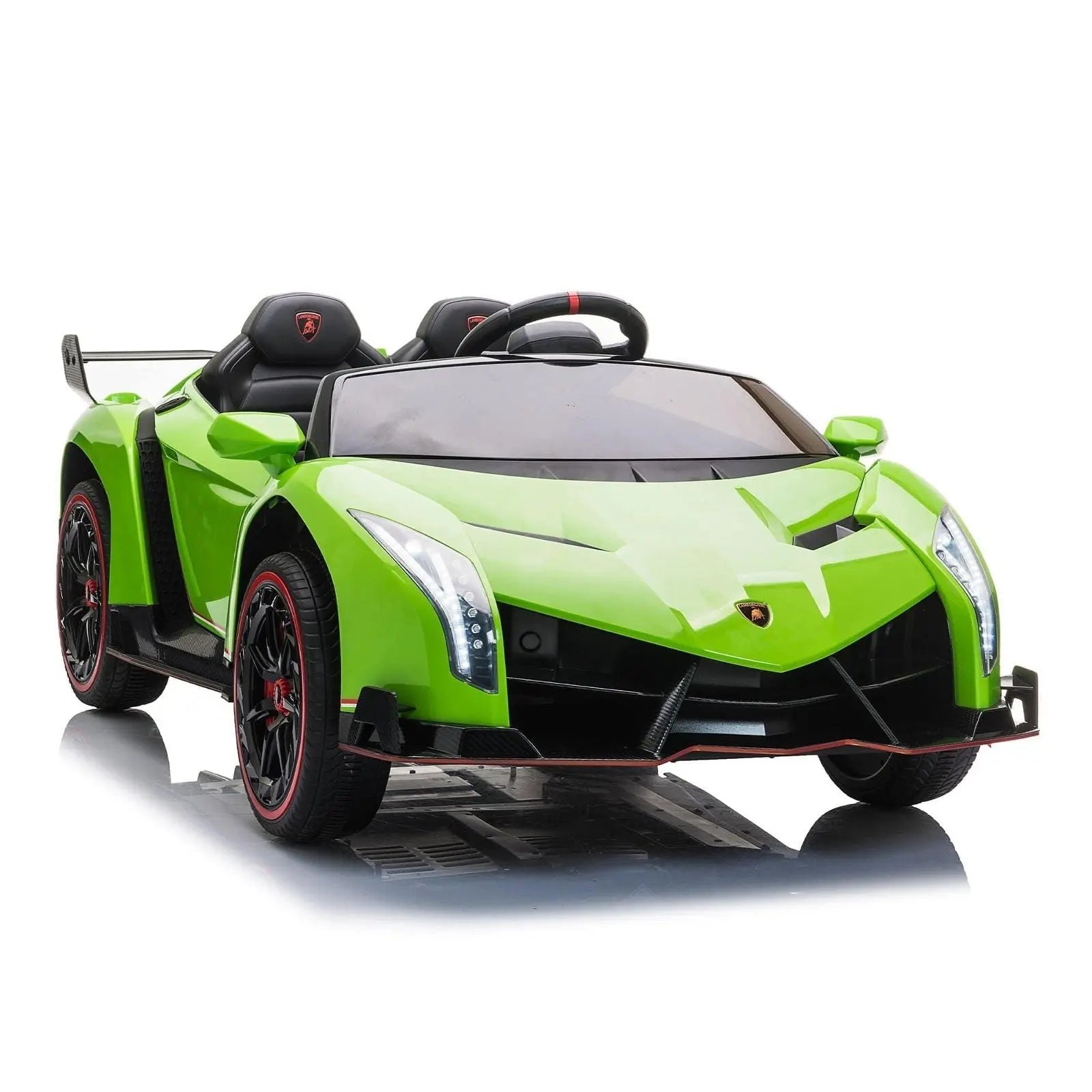 Green 24V Lamborghini Veneno 2-seater kids ride-on car with sport seats, black wheels, and LED headlights