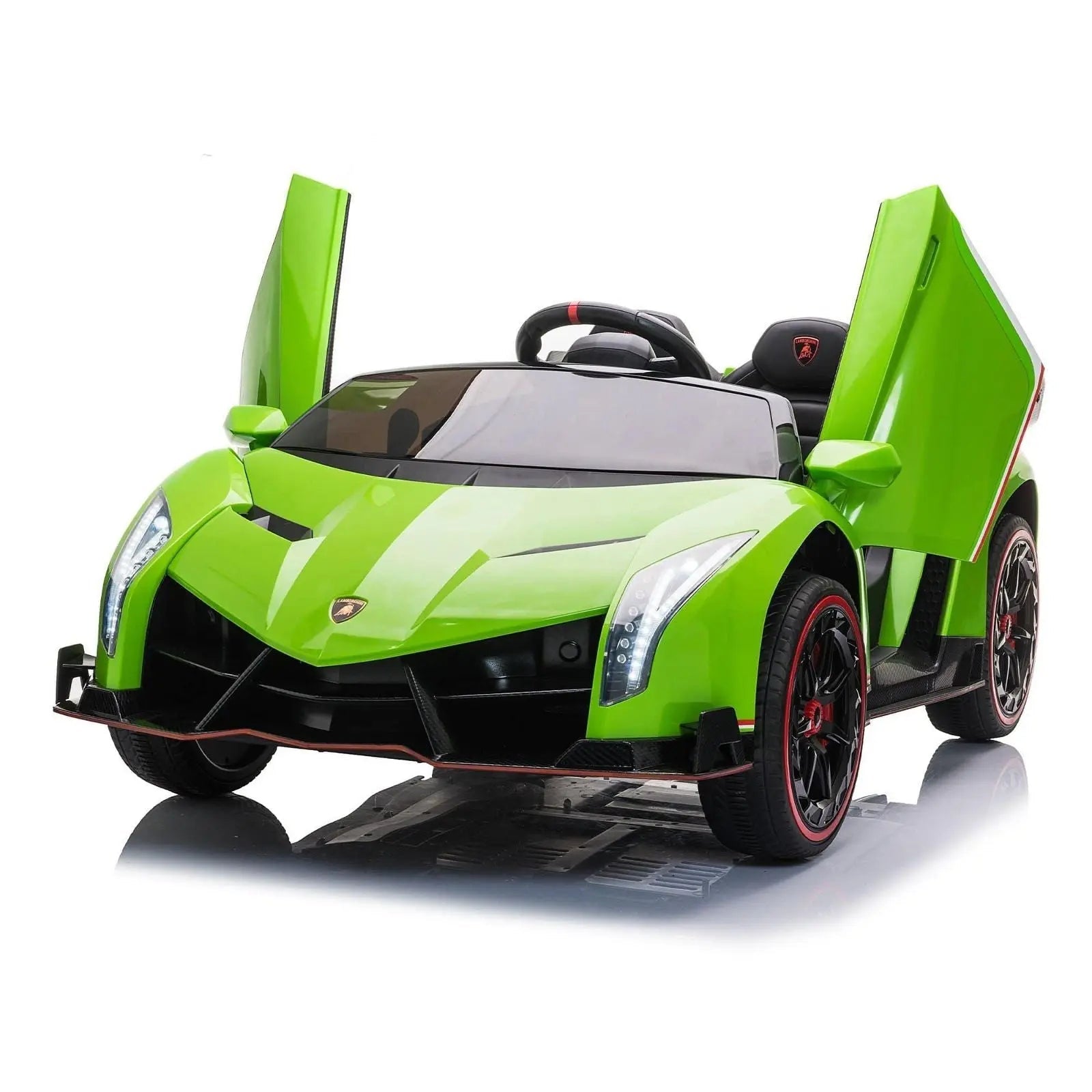 Green 24V 4x4 Lamborghini Veneno two-seater ride-on kids car with open scissor doors
