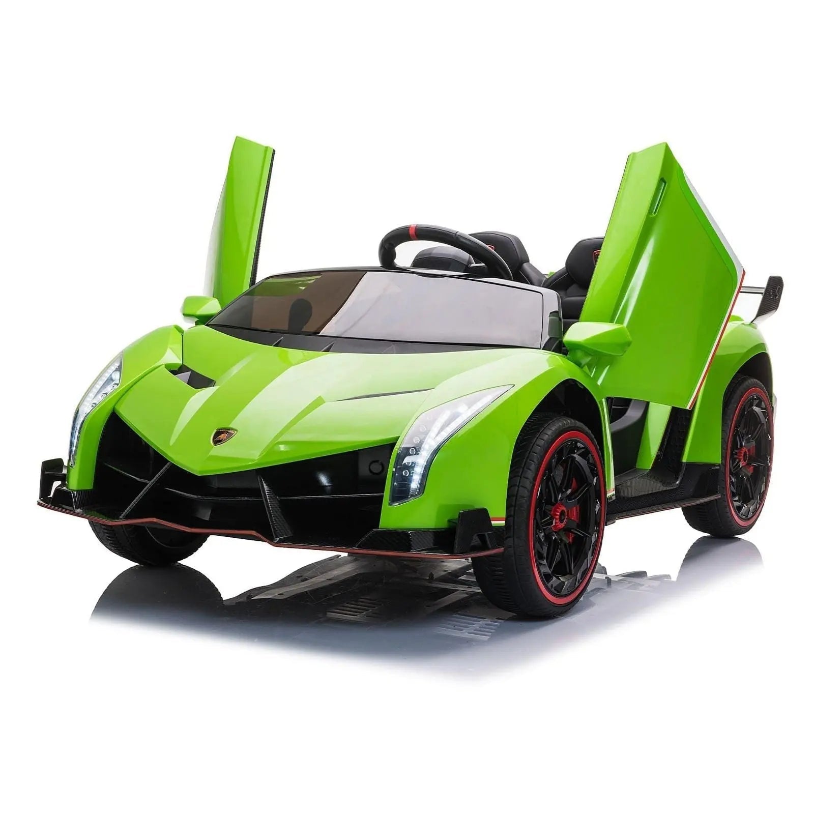 Green 24V Lamborghini Veneno kids ride-on car with open scissor doors, two seats, black wheels