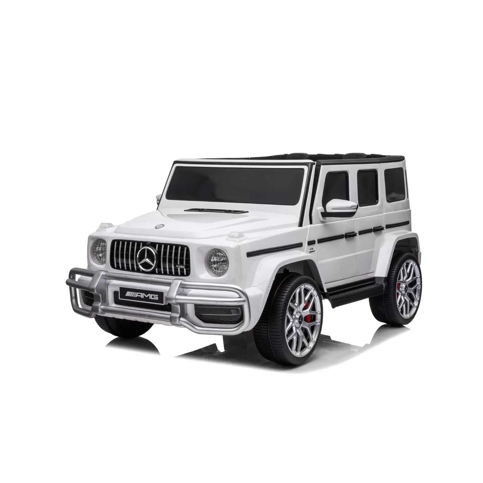 White 4x4 Mercedes-Benz G63 AMG ride-on toy car, two-seater, realistic design
