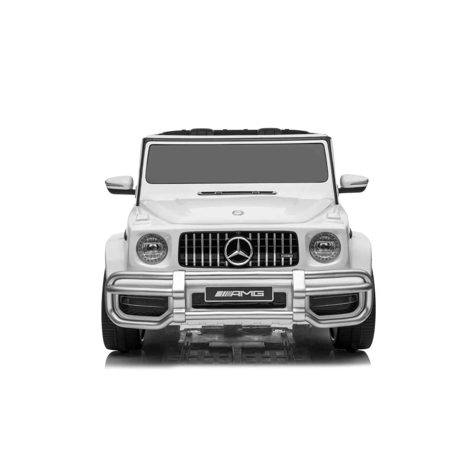 White Mercedes Benz G63 AMG kids ride-on car, front view, 4x4 two-seater electric toy