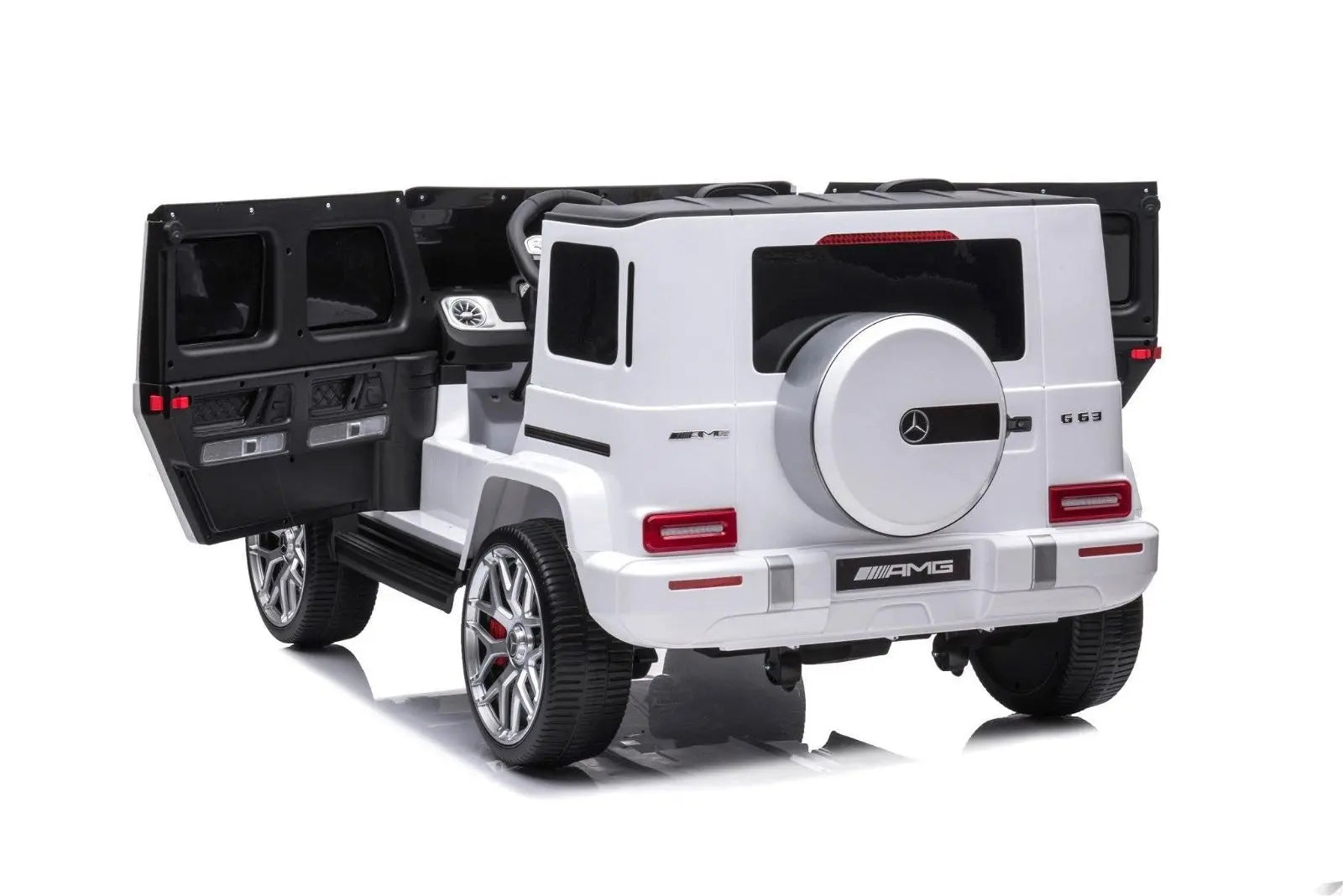 White Mercedes-Benz G63 AMG kids ride-on car, rear view with open doors, luxury toy vehicle