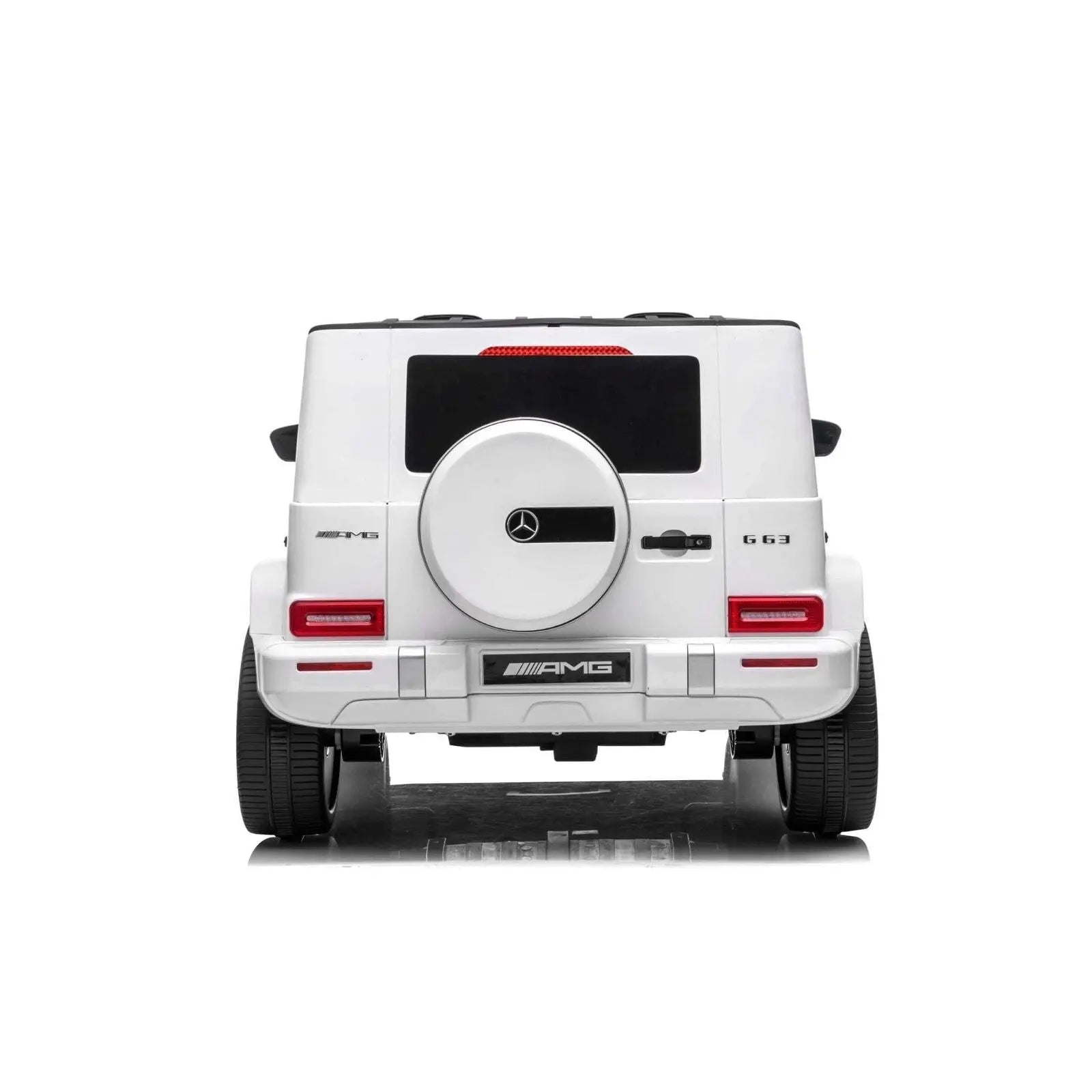 White 2-seater Mercedes G63 AMG kids ride-on car, rear view, on white background