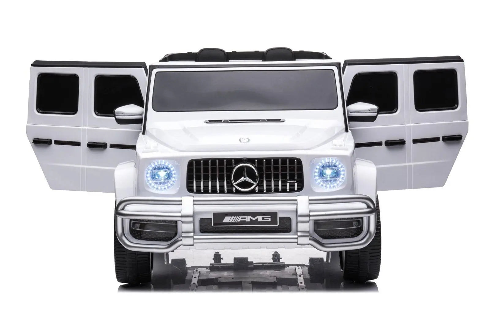 White ride-on Mercedes G63 AMG toy car with open doors and LED headlights, front view
