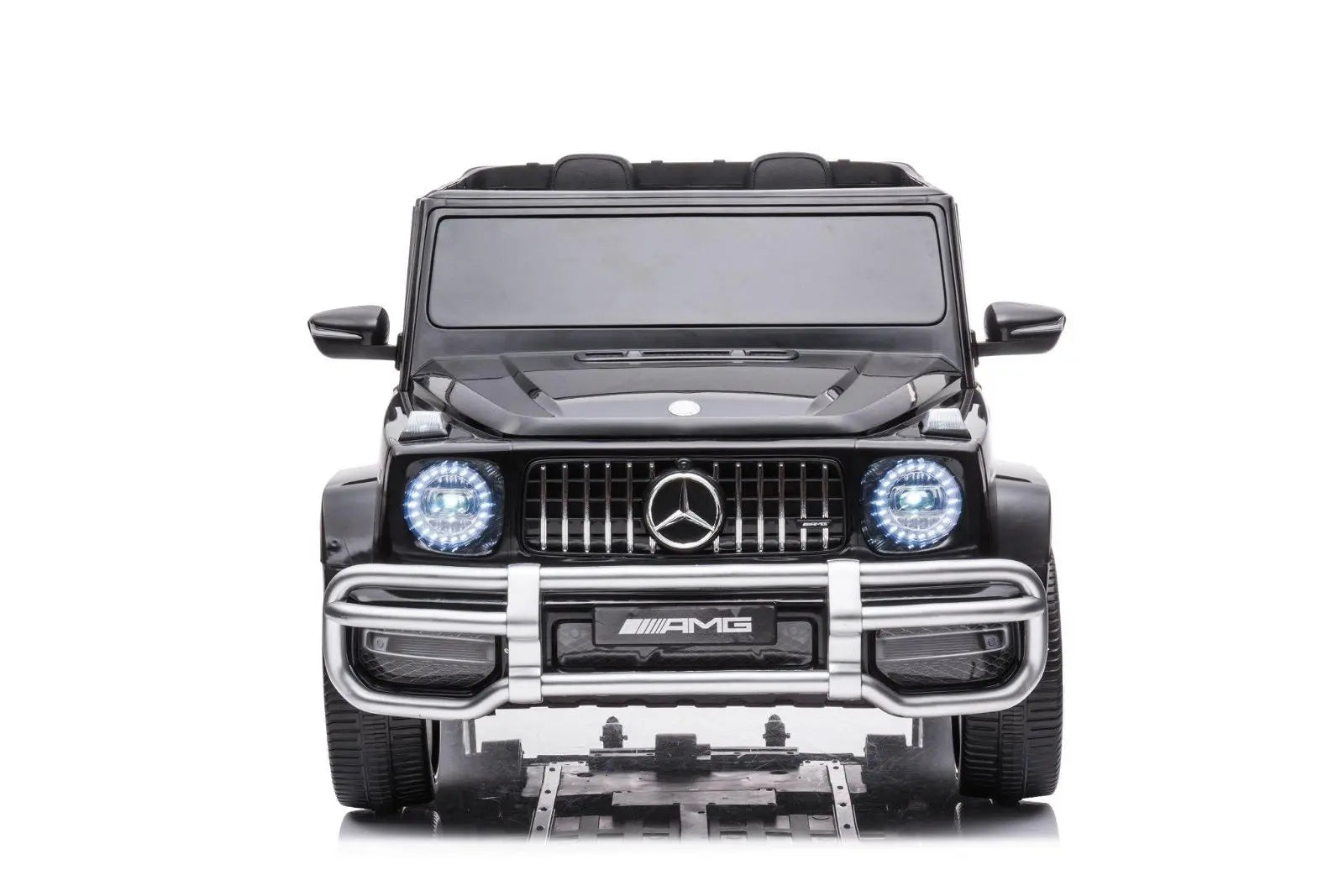 Black Mercedes-Benz G63 AMG 2-seater ride-on toy car with LED headlights, front view